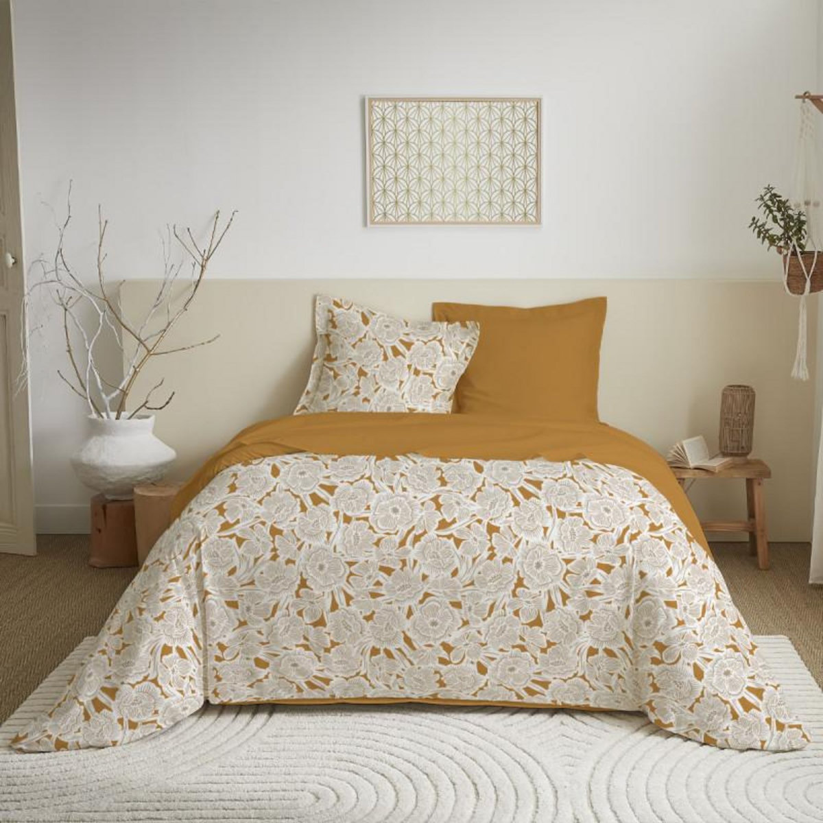 COTON PUR Parure de draps 4 pièces pour lit 140 x 190 cm Agathe moutarde