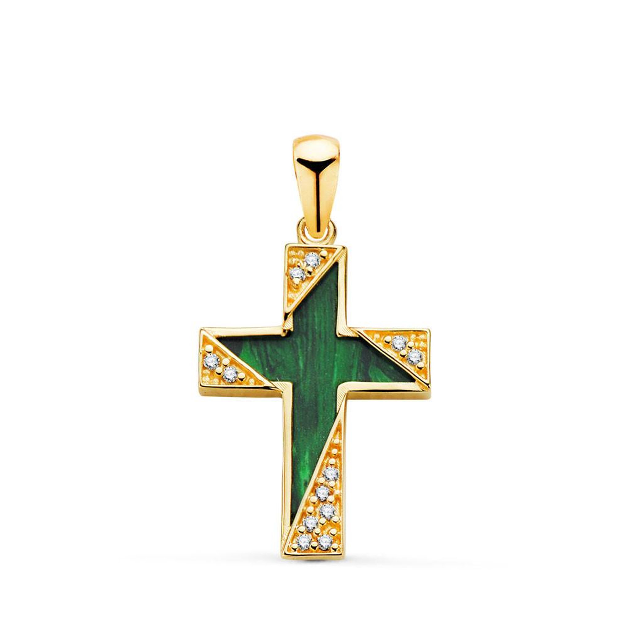 L'ATELIER D'AZUR Pendentif  - Médaille Croix Or 18 Carats 750 Jaune - Malachite et Zirconiums - Chaine Offerte