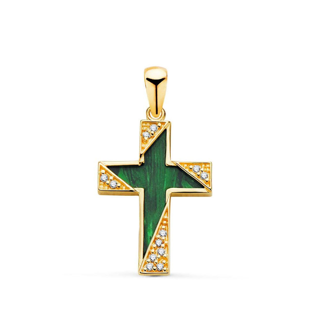 L'ATELIER D'AZUR Pendentif  - Médaille Croix Or 18 Carats 750 Jaune - Malachite et Zirconiums - Chaine Offerte