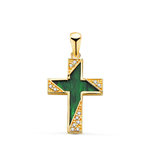 L'ATELIER D'AZUR Pendentif  - Médaille Croix Or 18 Carats 750 Jaune - Malachite et Zirconiums - Chaine Offerte