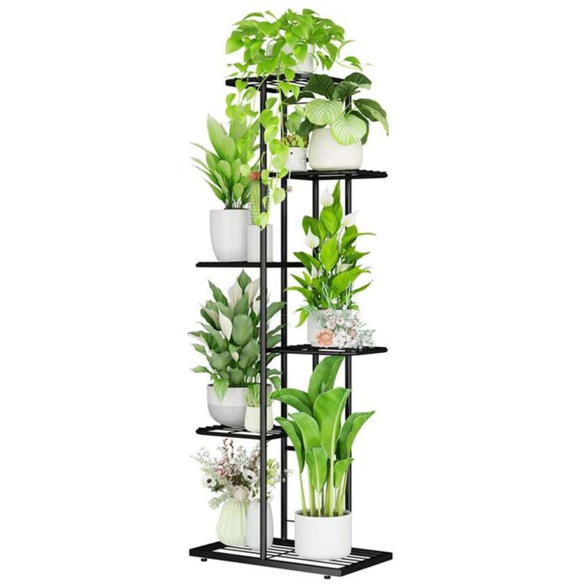 Porte-plantes 6 niveaux noir métal et bois, étagère d'intérieur/extérieur avec traitement anti-moisissure