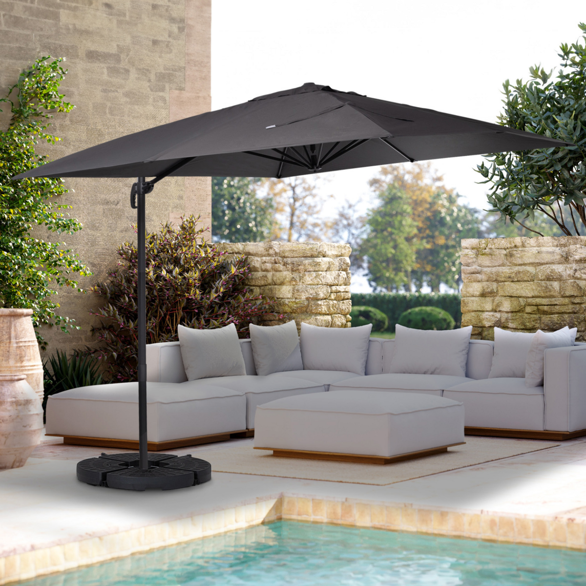 ID MARKET Parasol déporté inclinable rotatif 360 CALVI gris 3x3 M avec 4 dalles et housse