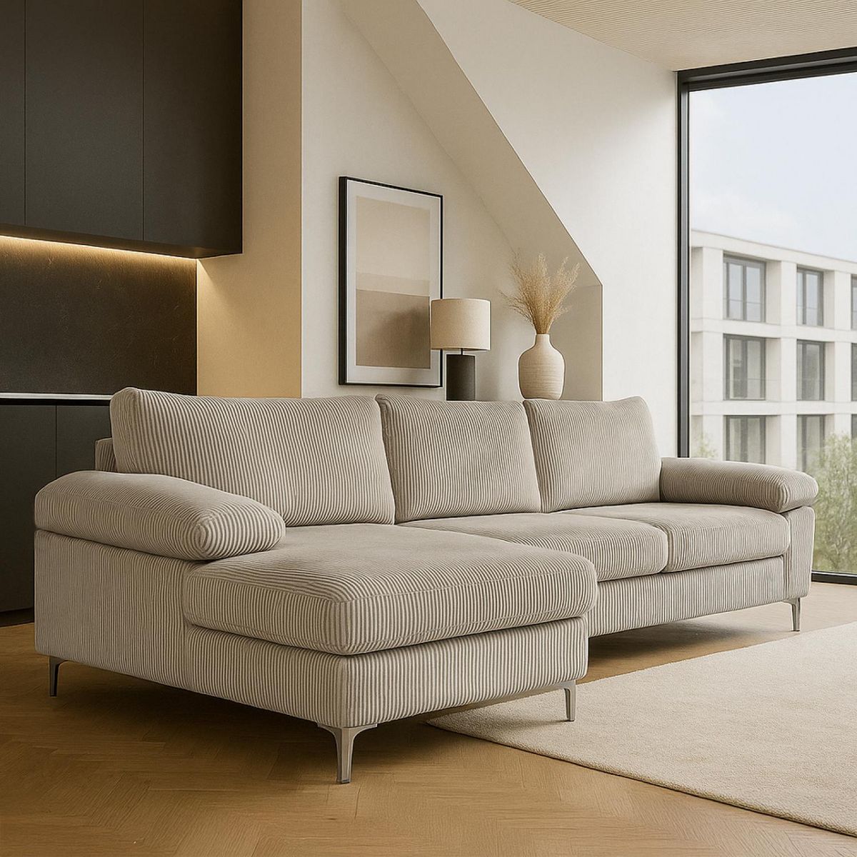 CONCEPT USINE Canapé d'angle 4-5 places méridienne gauche velours côtelé beige GALWAY