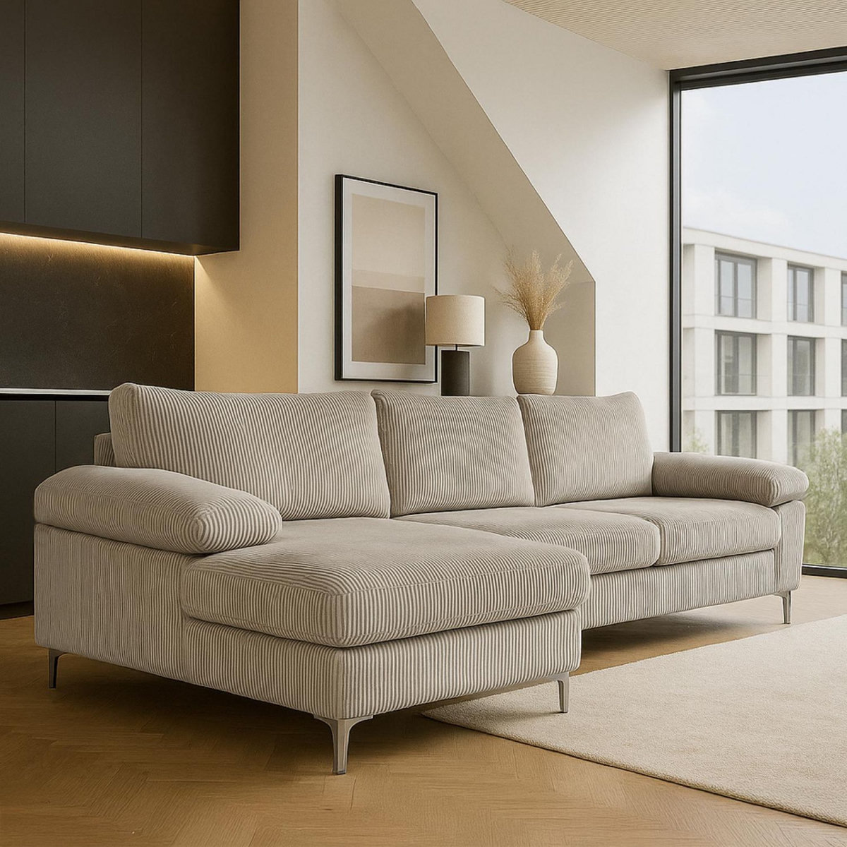 CONCEPT USINE Canapé d'angle 4-5 places méridienne gauche velours côtelé beige GALWAY