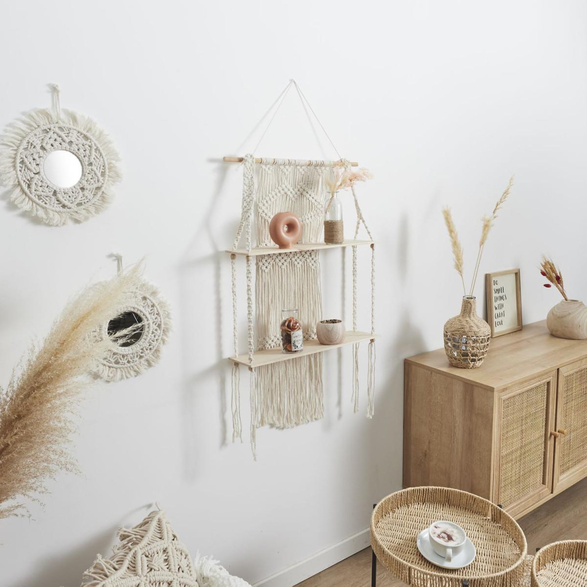 Voir la diapositive 3 : The Home Deco Factory Étagère déco 2 niveaux  boho  85cm beige