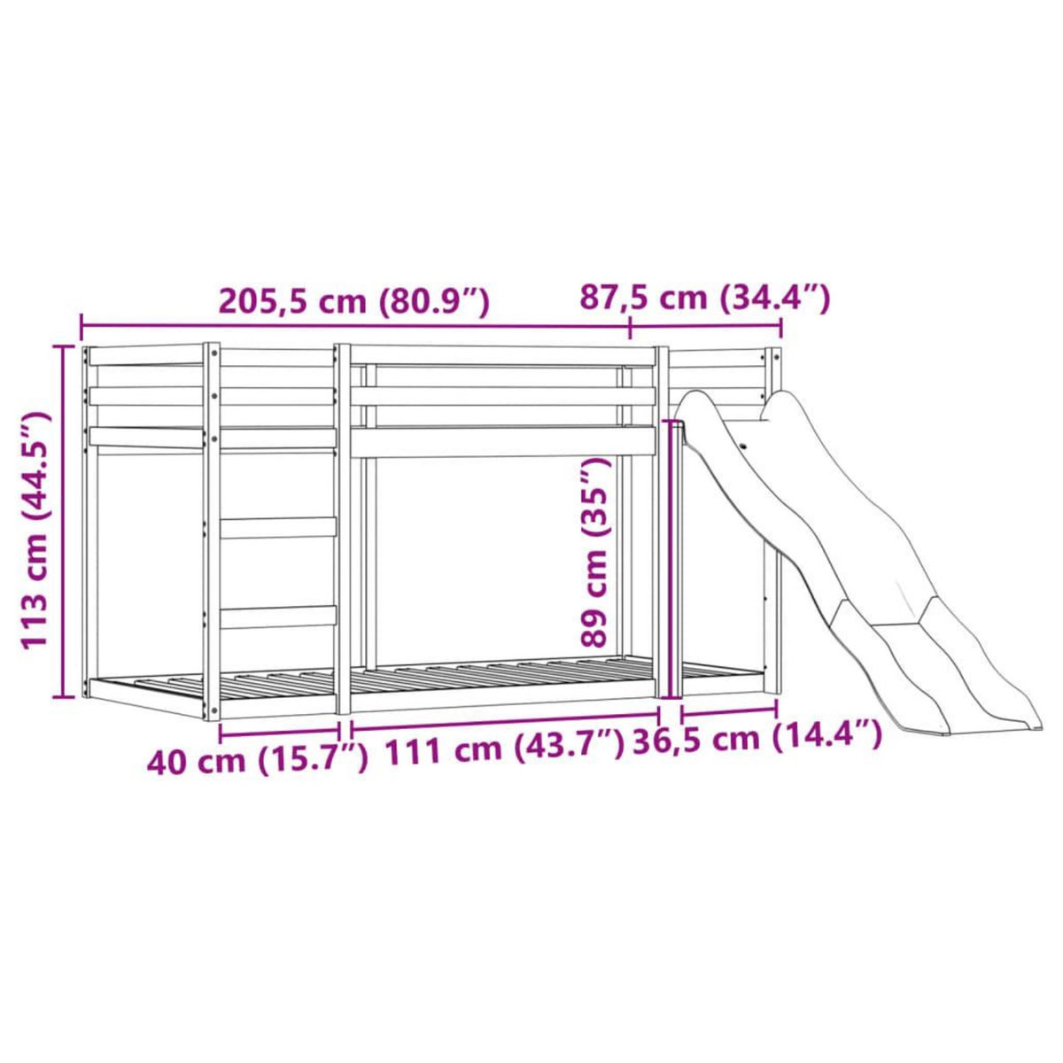 VIDAXL Lit superpose sans matelas avec toboggan et rideaux 80x200 cm