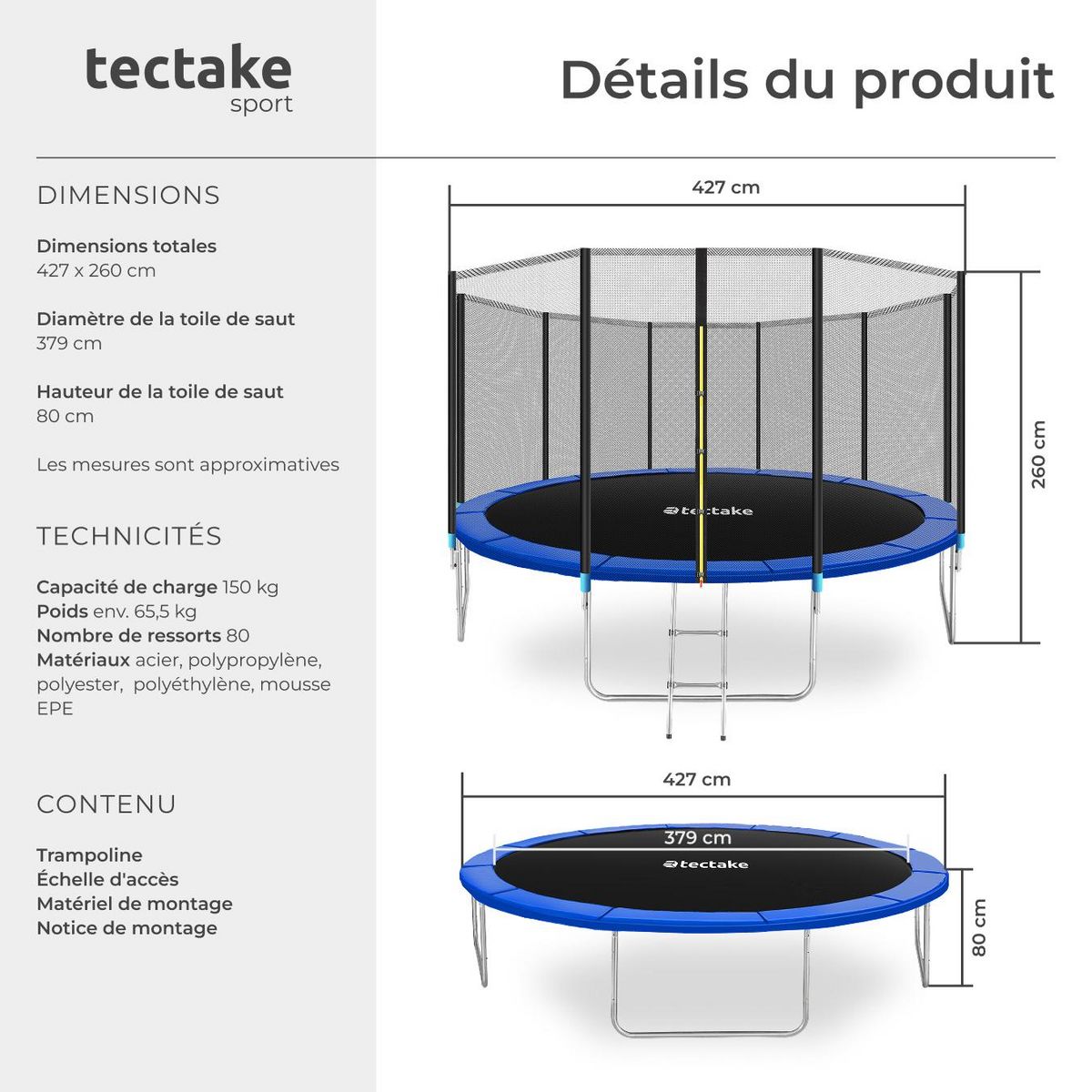 tectake Trampoline modèle B Ø 427 cm, certifié GS pour un maximum de sécurité noir/bleu