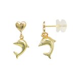 L'ATELIER D'AZUR Boucles d'Oreilles Or Jaune Pendantes - Coeur et Dauphin - Femme ou Enfant
