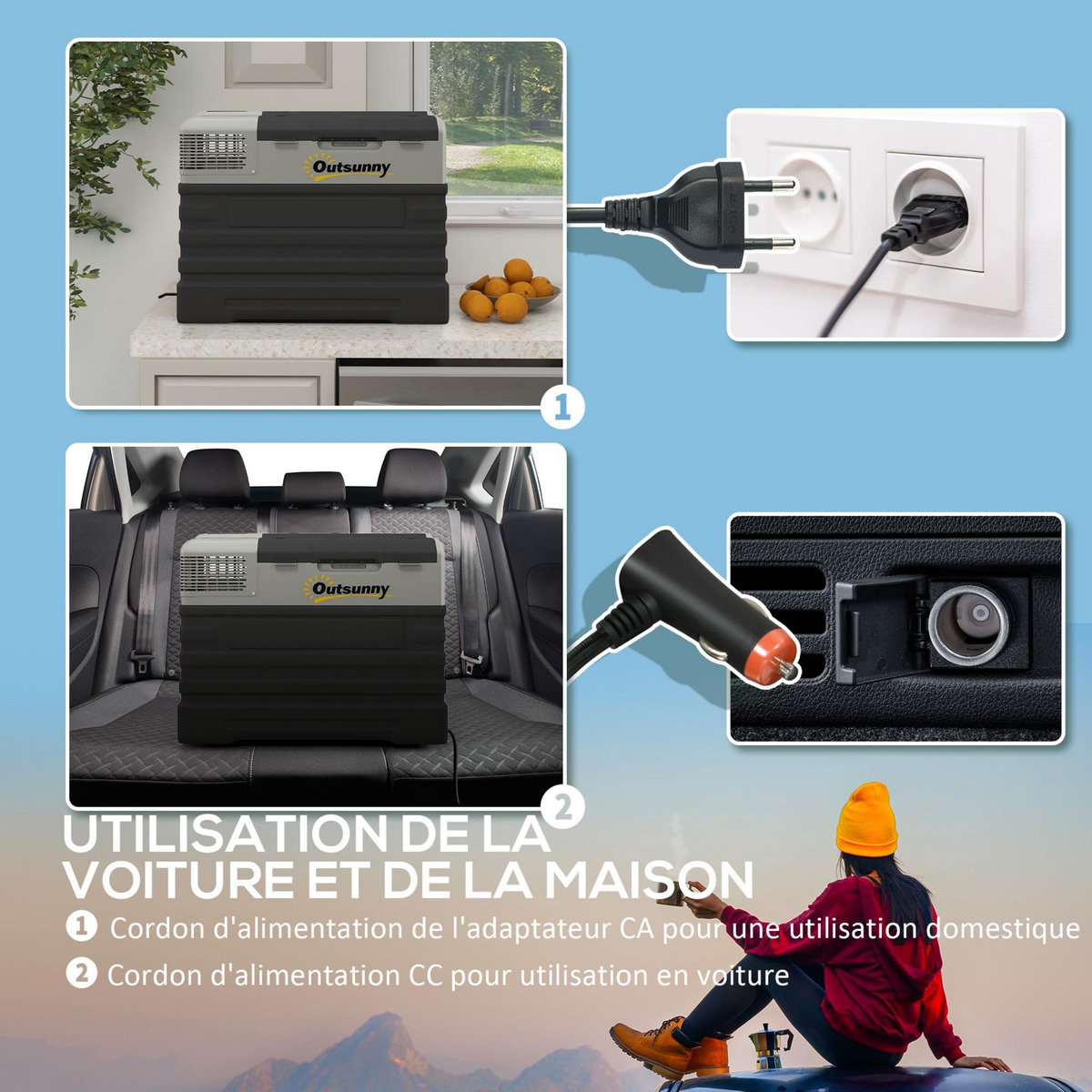 OUTSUNNY Glacière électrique voiture à compression 56L - réfrigérateur voiture congélateur 12/24V 60W max 2 modes gris noir