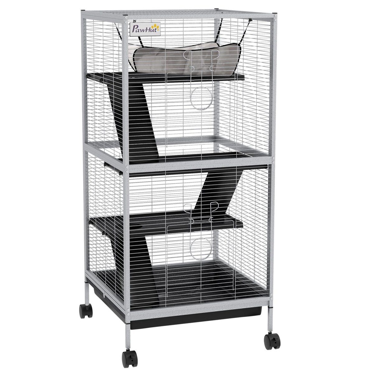 PAWHUT Cage pour petits animaux portable avec 2 portes hamac métal PP 52 x 52 x 113,5 cm