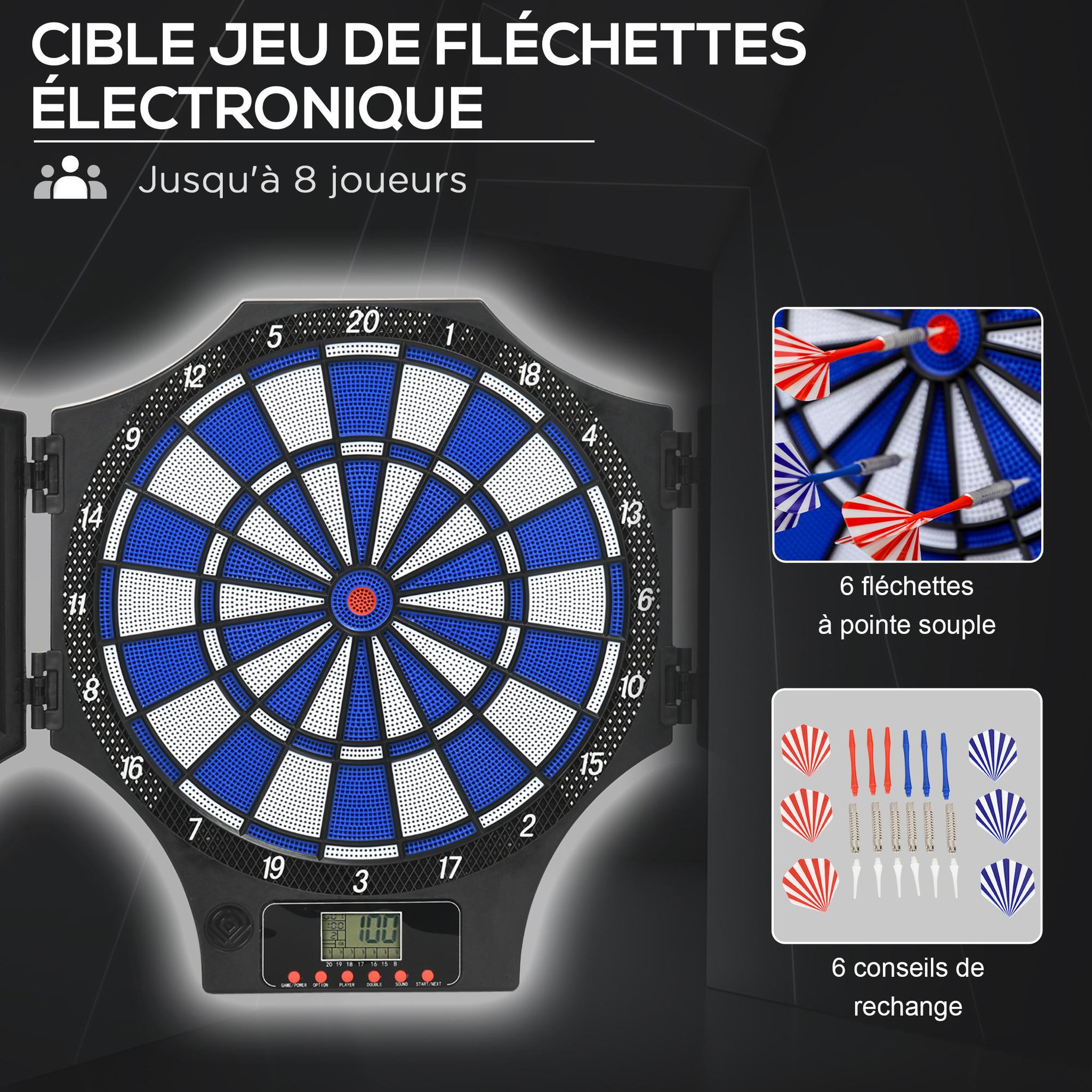 Voir la diapositive 4 : HOMCOM Cible jeu de fléchettes électronique refermable 31 jeux jusqu'à 8 joueurs affichage LCD haut-parleur noir