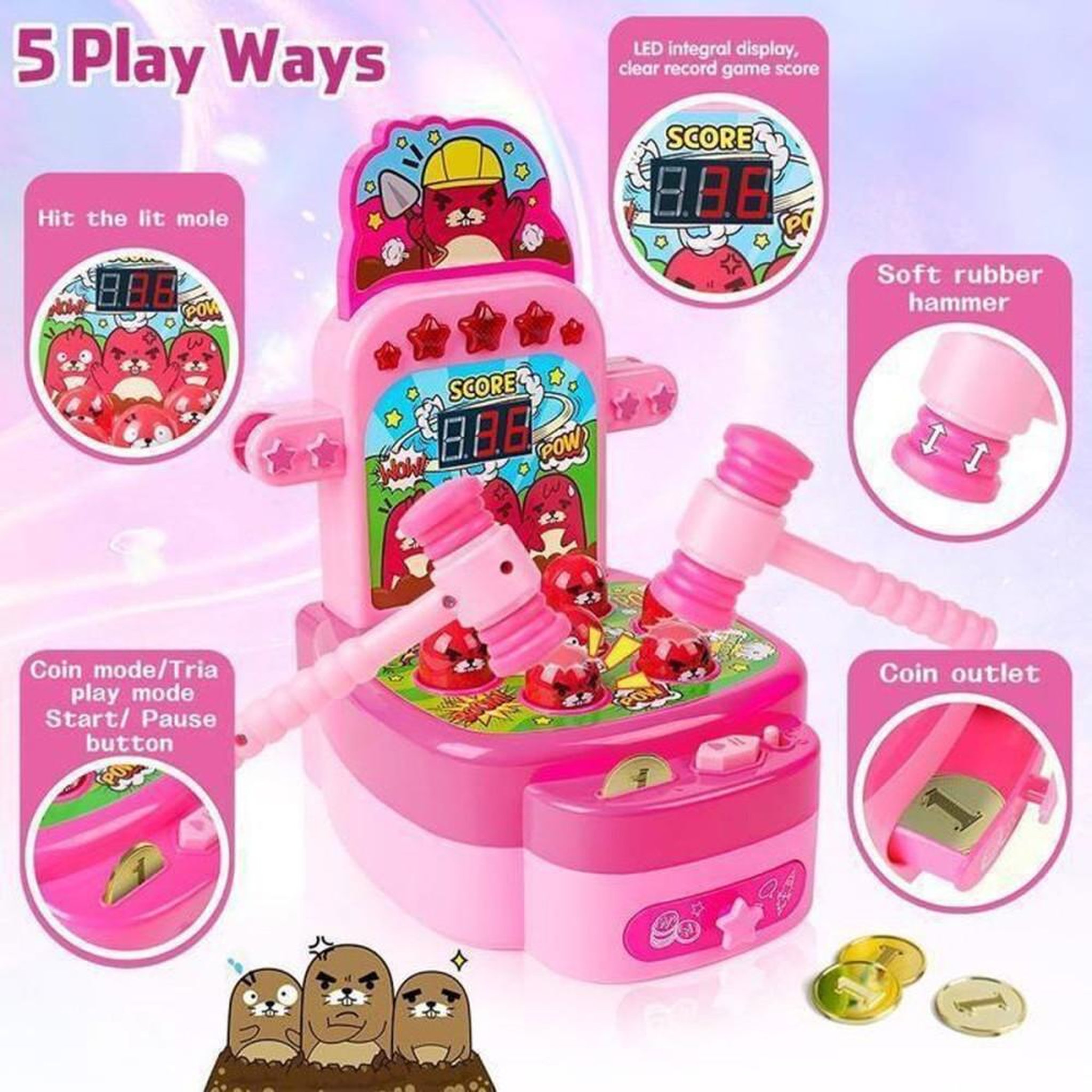 Voir la diapositive 3 : Jeu d'arcade électronique mini Whack-a-Mole, VATOS, avec 2 marteaux souples et afficheur de score