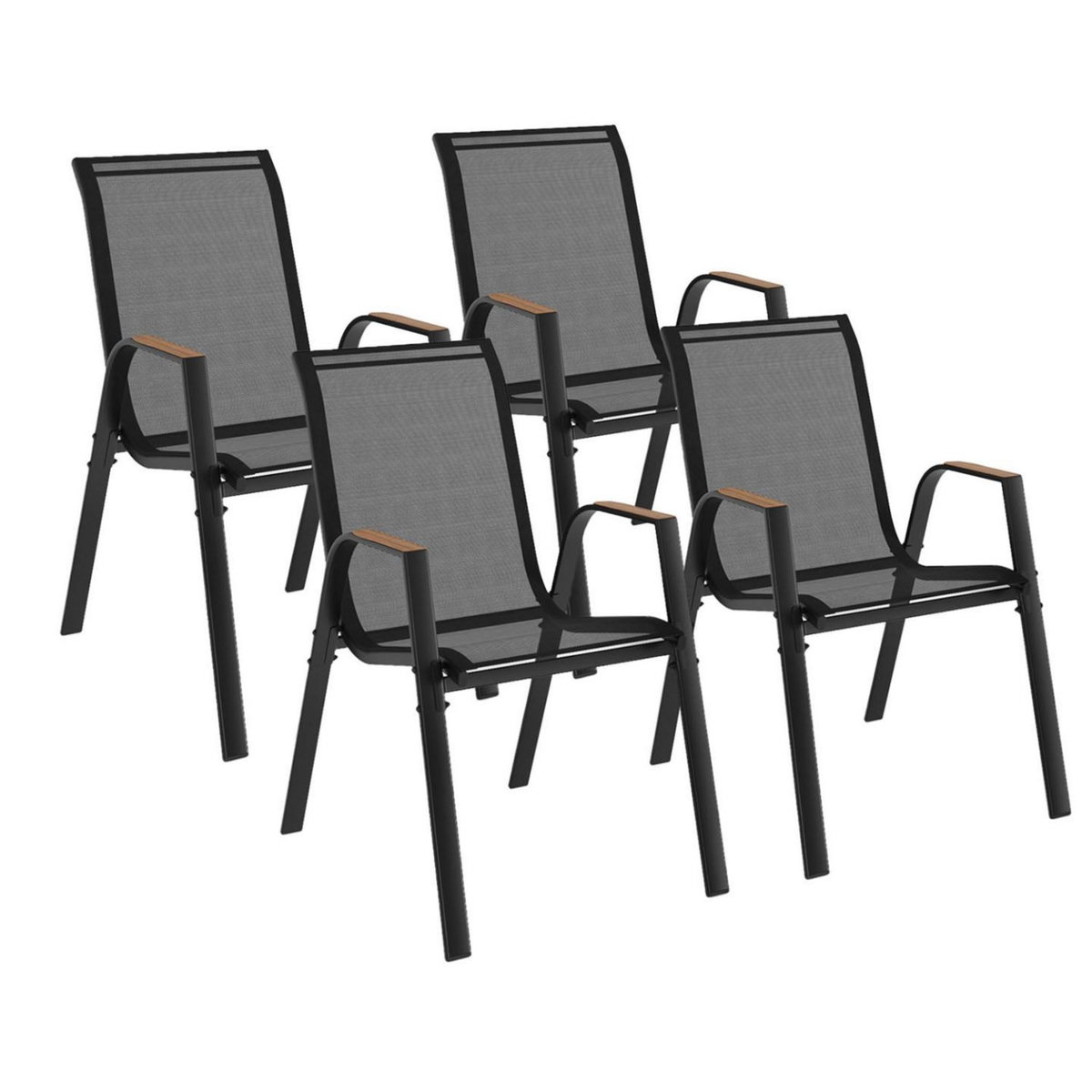 ID MARKET Lot de 4 chaises de jardin NOUMEA métal et textilène empilables noir et bois