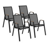 ID MARKET Lot de 4 chaises de jardin NOUMEA métal et textilène empilables noir et bois