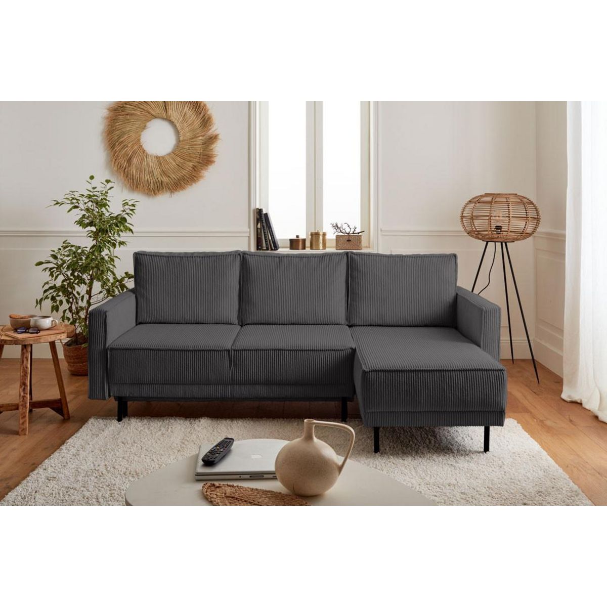 LISA DESIGN Charlie - canapé d'angle réversible - 4 places - convertible avec coffre - en velours côtelé