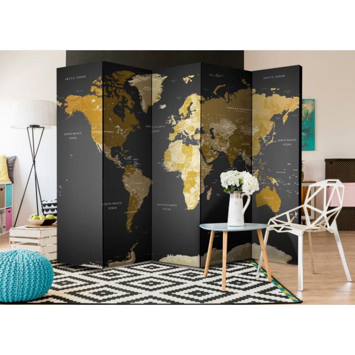 Paris Prix Paravent 5 Volets  World Map on Dark Background  172x225cm