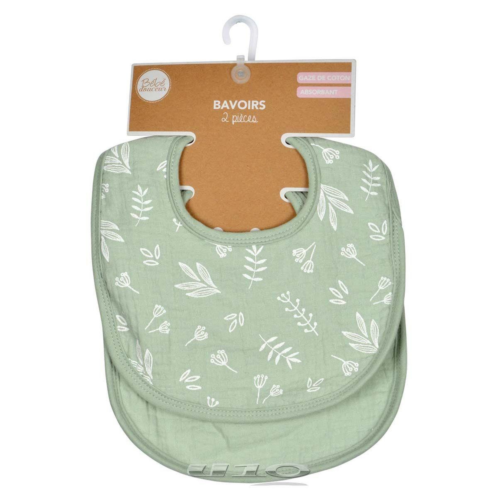 Voir la diapositive 2 : BEBE DOUCEUR Lot de 2 bavoirs bébé  absorbant  27cm vert céladon