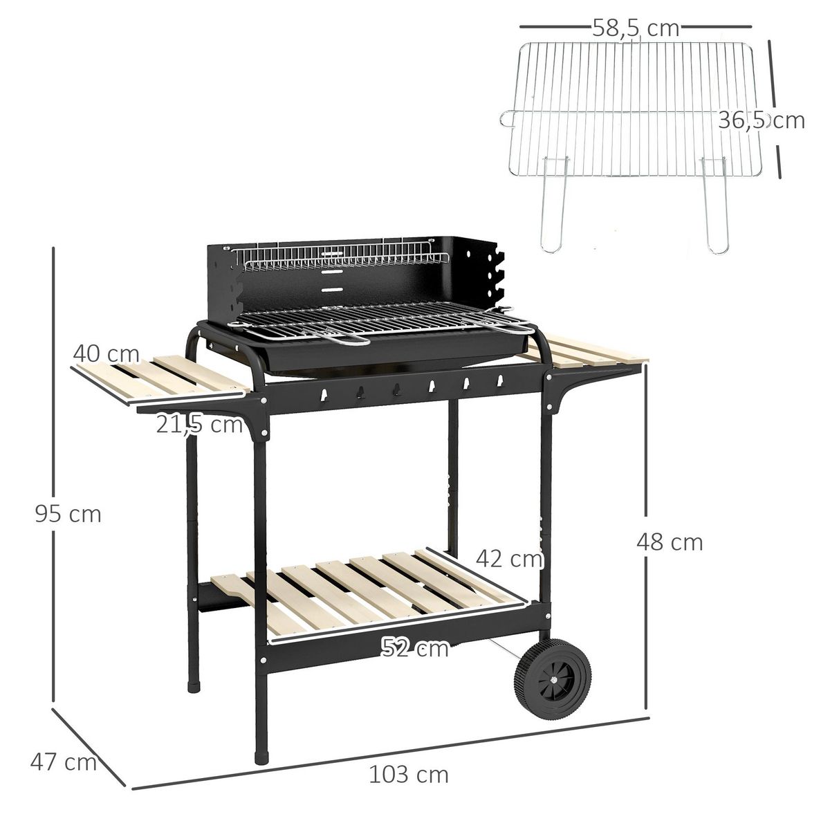 OUTSUNNY Barbecue à charbon sur pied grille réglable 2 roues 3 étagères récupérateur de cendres noir