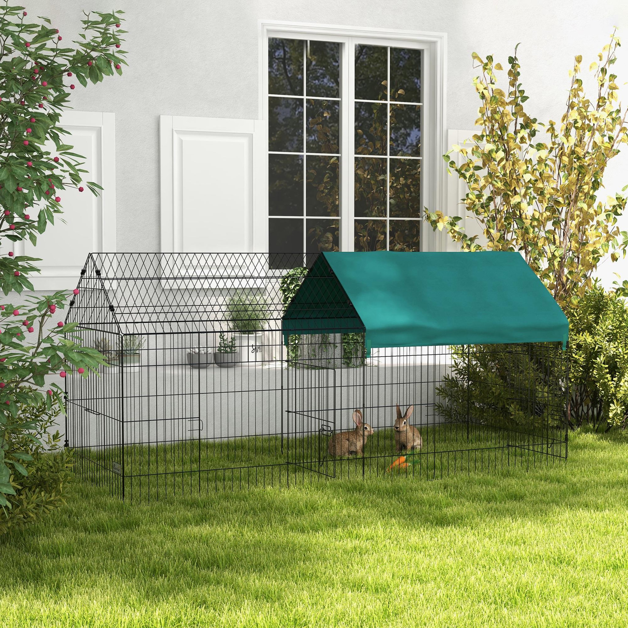 Voir la diapositive 2 : PAWHUT Parc enclos petits animaux - 2 portes, 2 trappes nourrissages, zone couverte - acier noir polyester vert