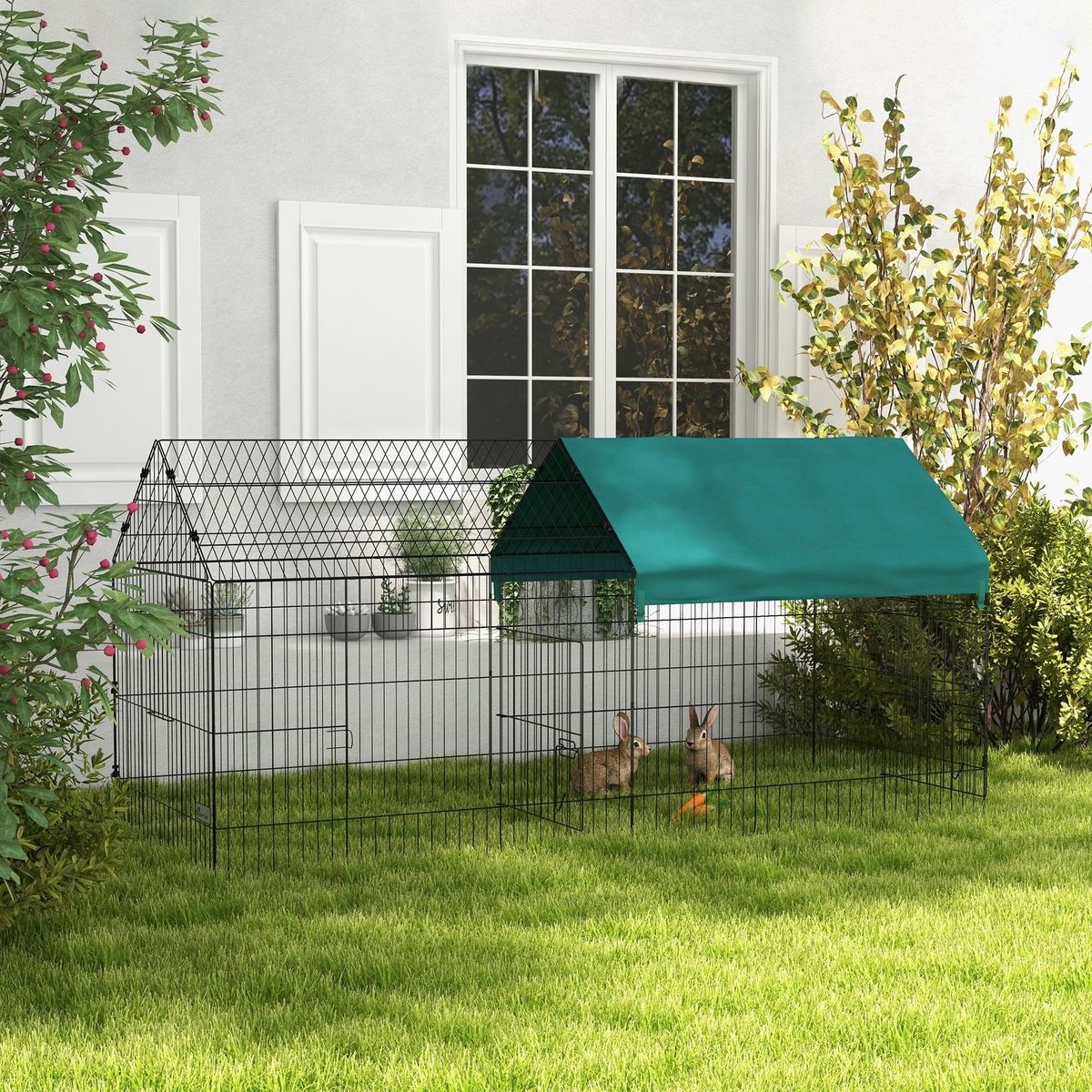 PAWHUT Parc enclos petits animaux - 2 portes, 2 trappes nourrissages, zone couverte - acier noir polyester vert