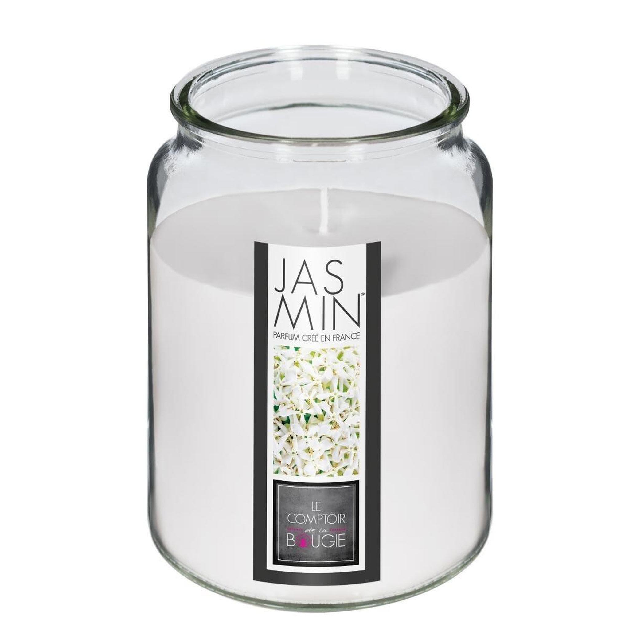 Voir la diapositive 2 : COMPTOIR DE LA BOUGIE Bougie parfumée en verre  couvercle  510g jasmin