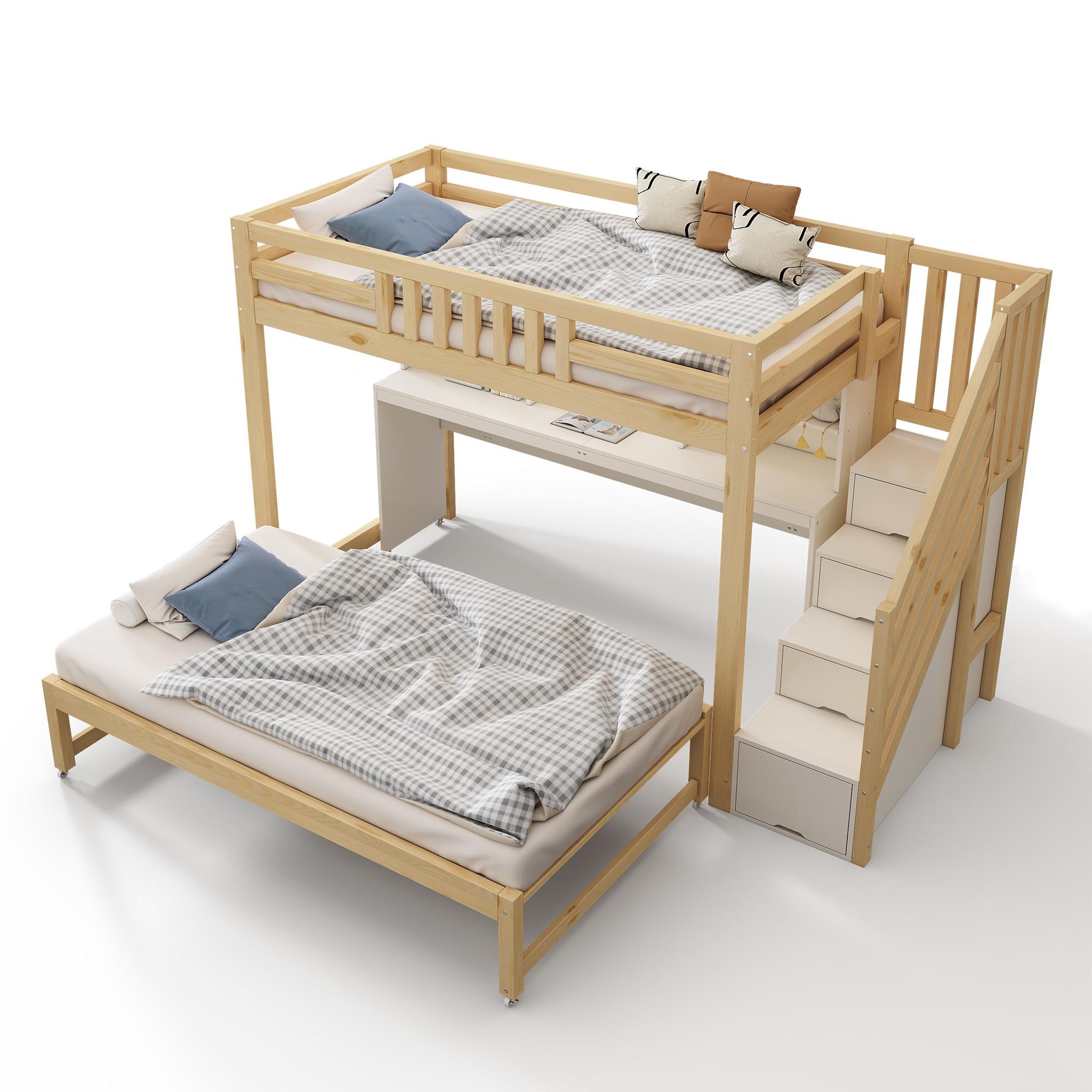 MERAX Lit superposé enfant 90x200+90x190 cm avec bureau coloris blanc et chêne