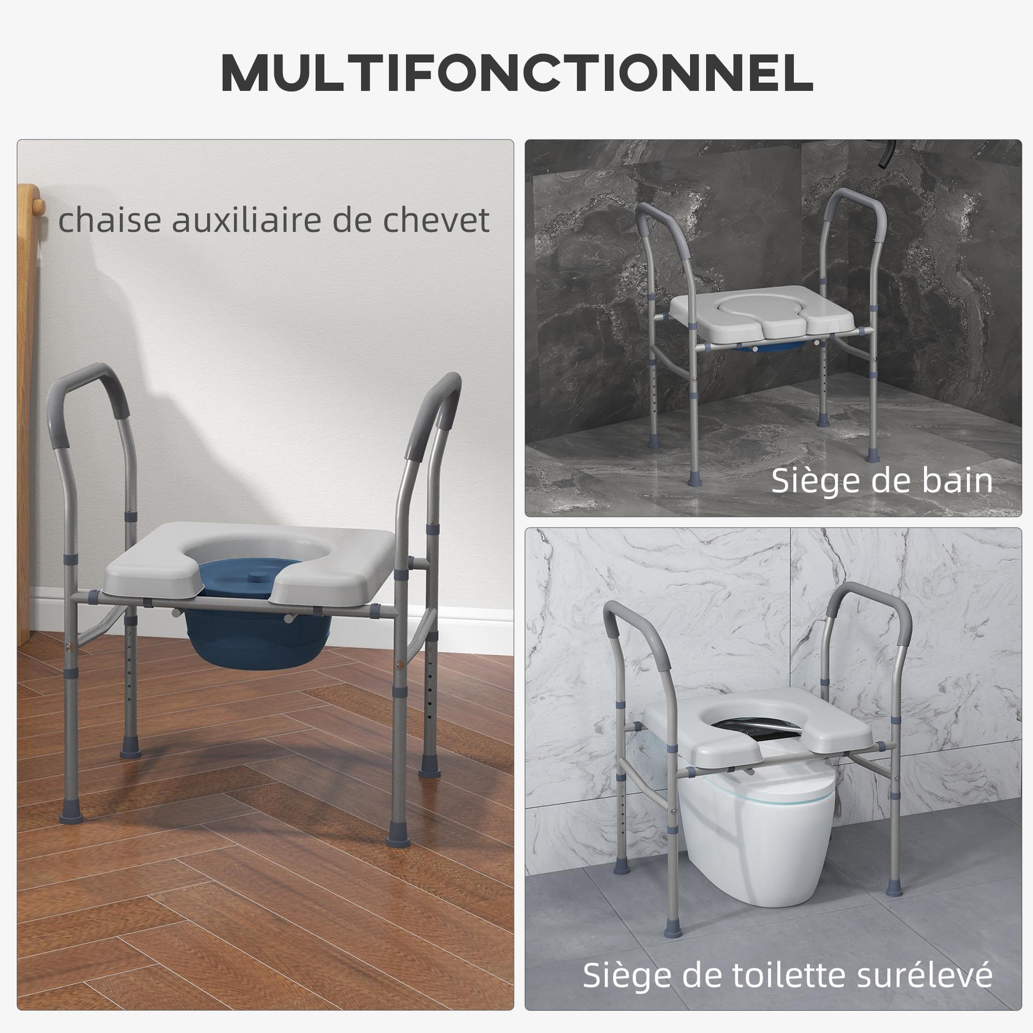 Voir la diapositive 5 : HOMCOM Chaise percée - Chaise de douche percée - hauteur réglable, seau amovible pliable - antidérapante - alu PVC gris