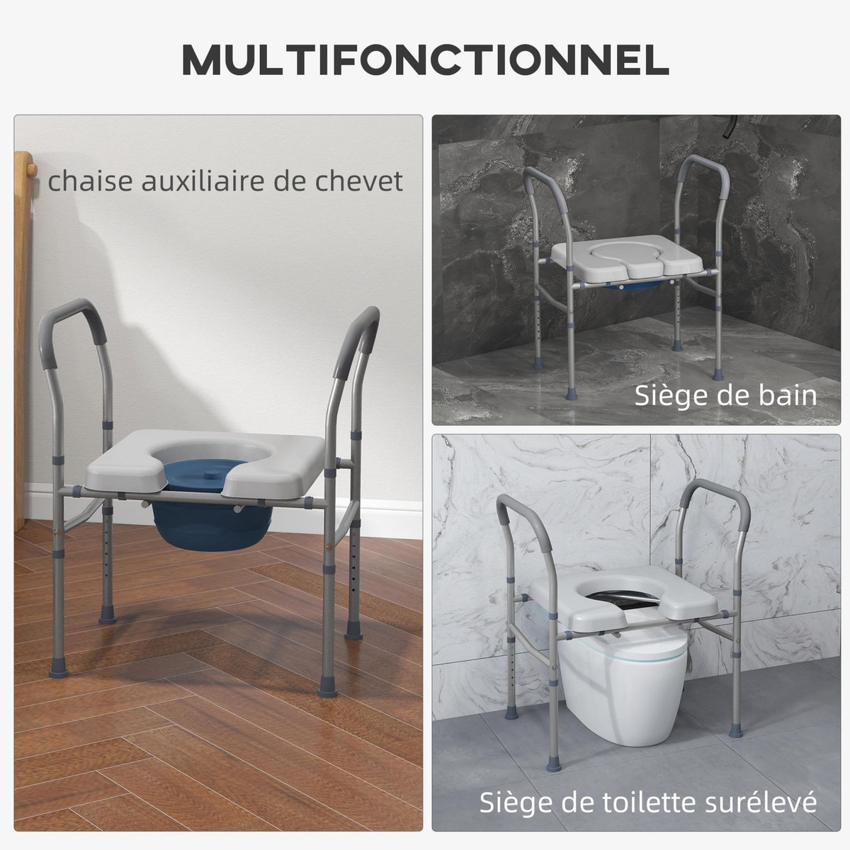 HOMCOM Chaise percée - Chaise de douche percée - hauteur réglable, seau amovible pliable - antidérapante - alu PVC gris