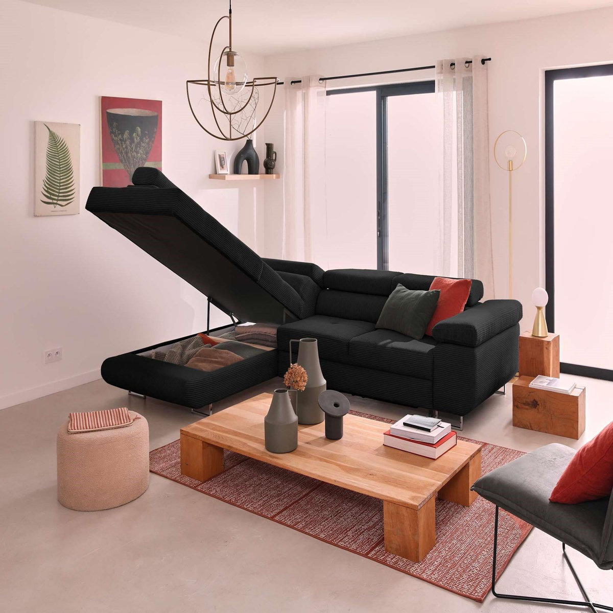 BEST MOBILIER Zaria - canapé d'angle gauche - convertible avec coffre et têtières réglables - 5 places - en velours côtelé