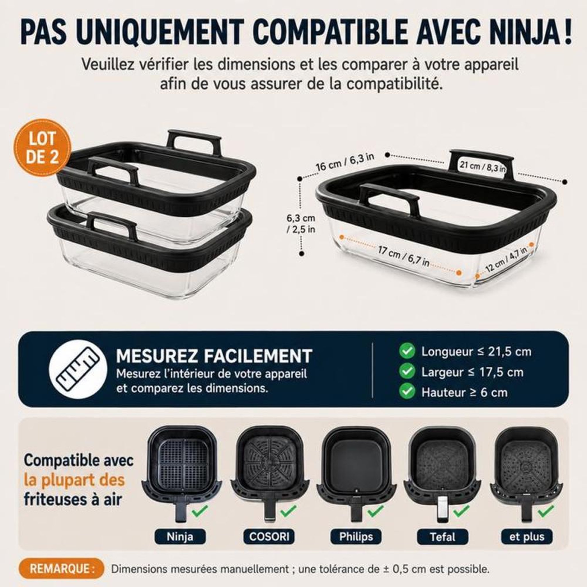 Voir la diapositive 2 : Lot de 2 plats de cuisson en verre résistant à la chaleur pour friteuse à air double zone, poignées en silicone amovibles, coloris transparent et noir