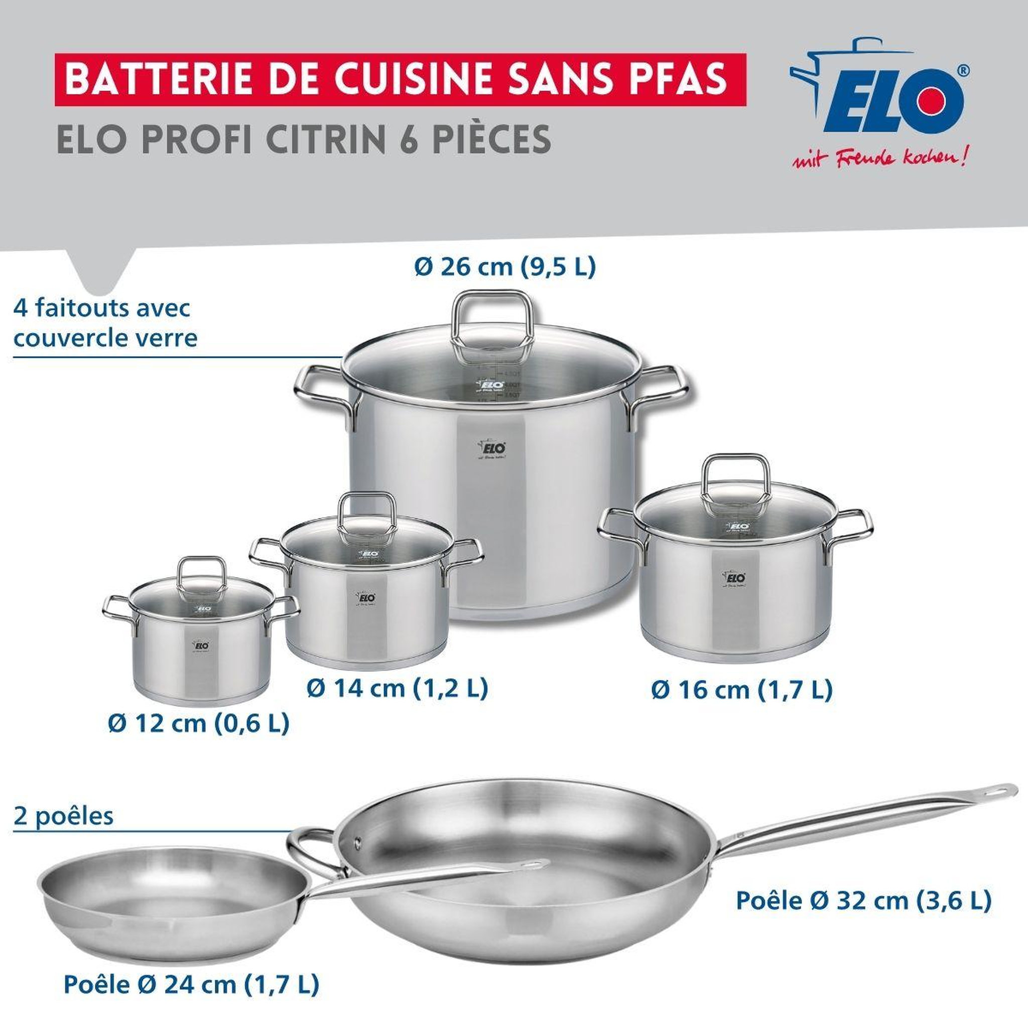 Voir la diapositive 2 : ELO Ensemble de 2 poêles de cuisson 24 et 32 cm et 4 faitouts 12, 14, 16 et 26 cm elo profi citrin
