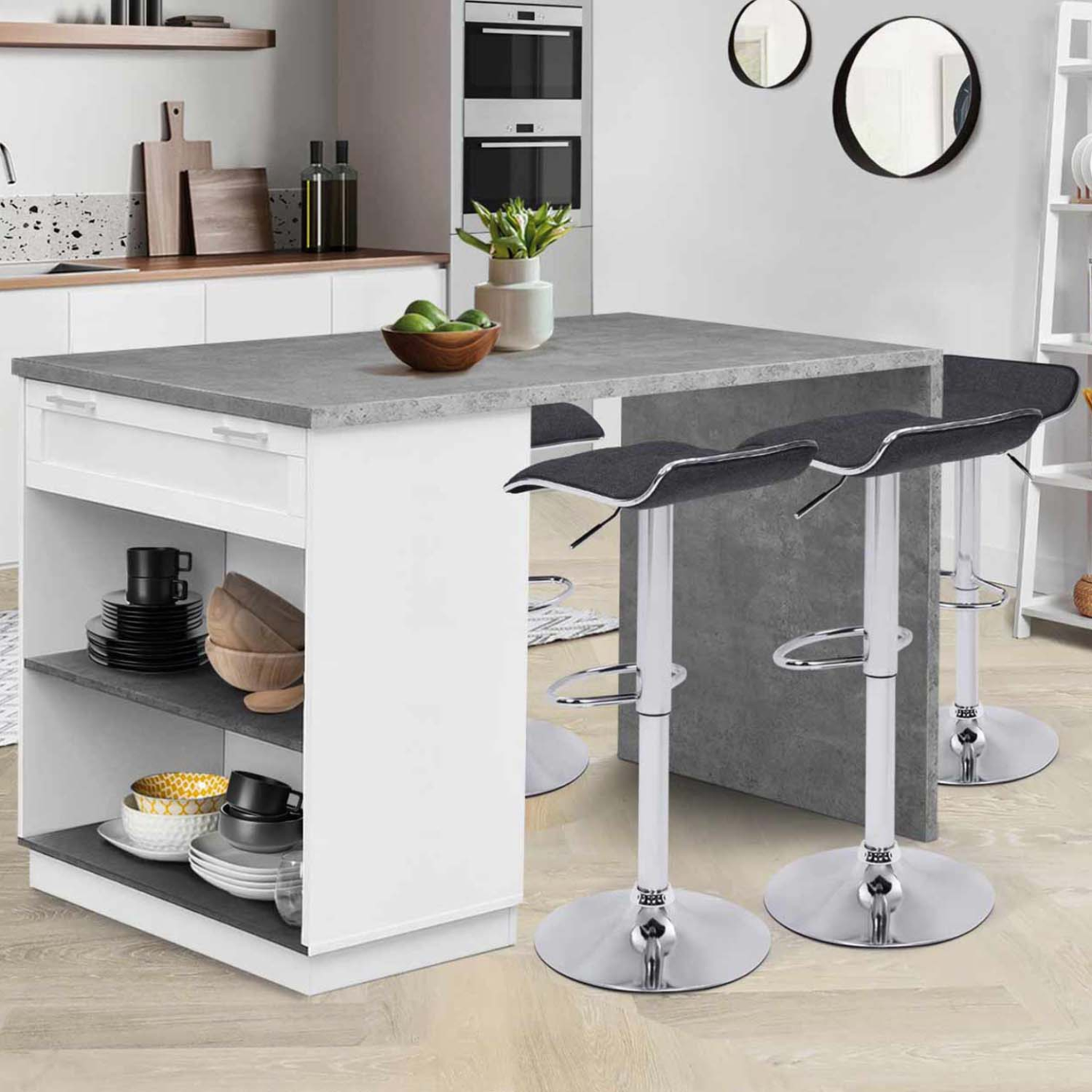 Voir la diapositive 2 : ID MARKET Ilot central mange debout 4 personnes vito 130 cm blanc et plateau effet béton