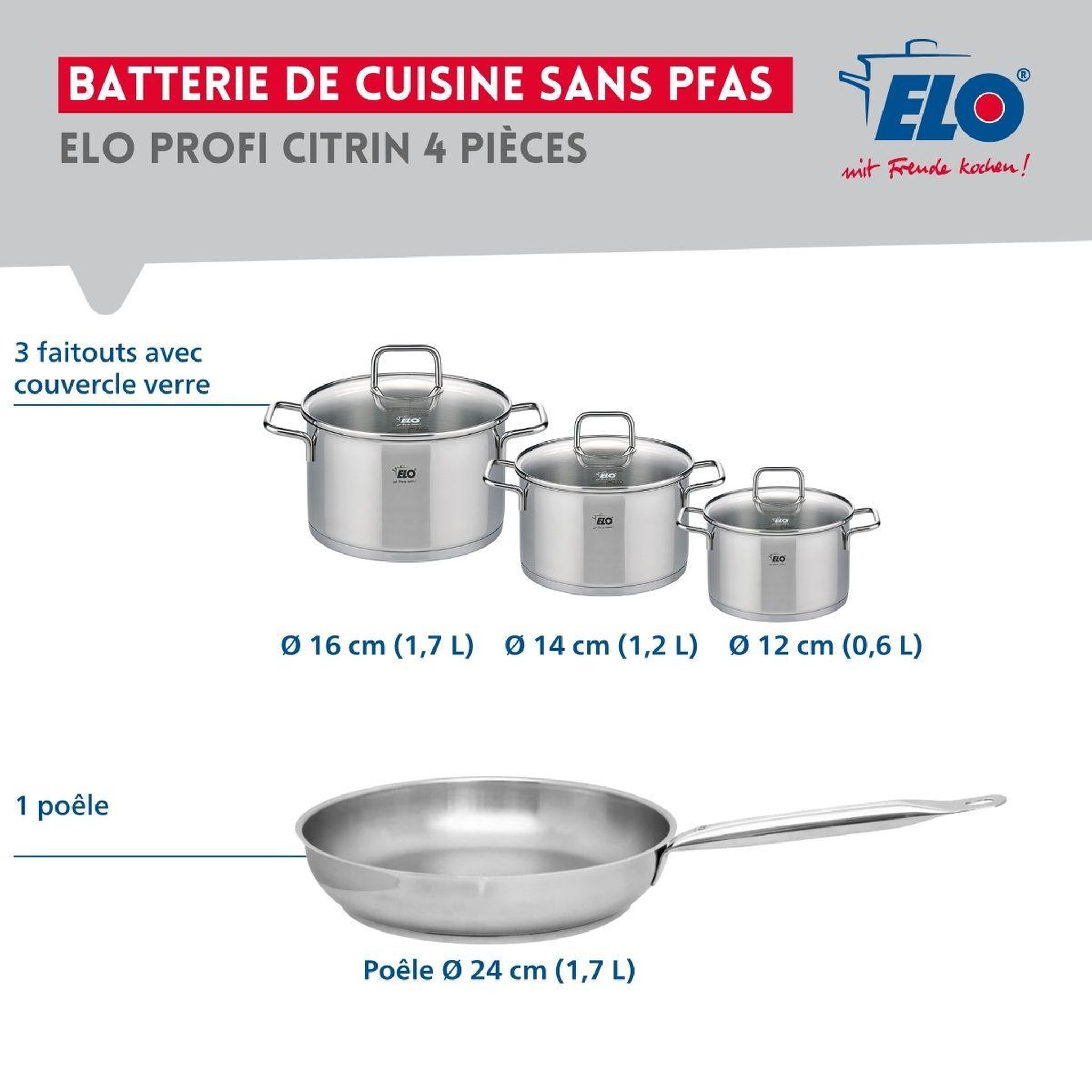 Voir la diapositive 2 : ELO Ensemble de 1 poêle de cuisson 24 cm et 3 faitouts 12, 14 et 16 cm elo profi citrin