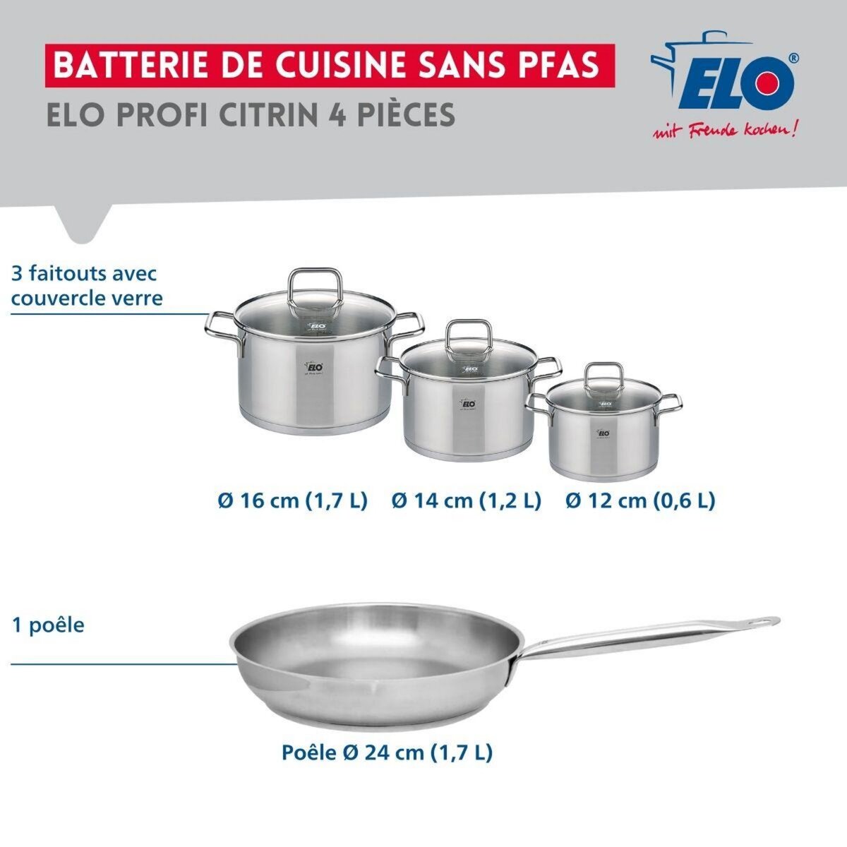 ELO Ensemble de 1 Poêle de cuisson 24 cm et 3 faitouts 12, 14 et 16 cm Elo Profi Citrin