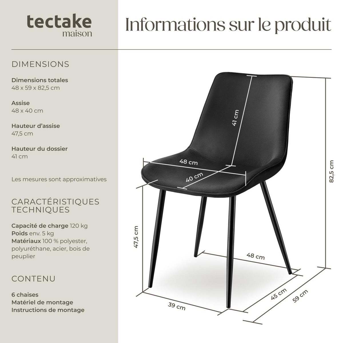 tectake Lot de chaises rembourrées aspect velours noir Lot de 6