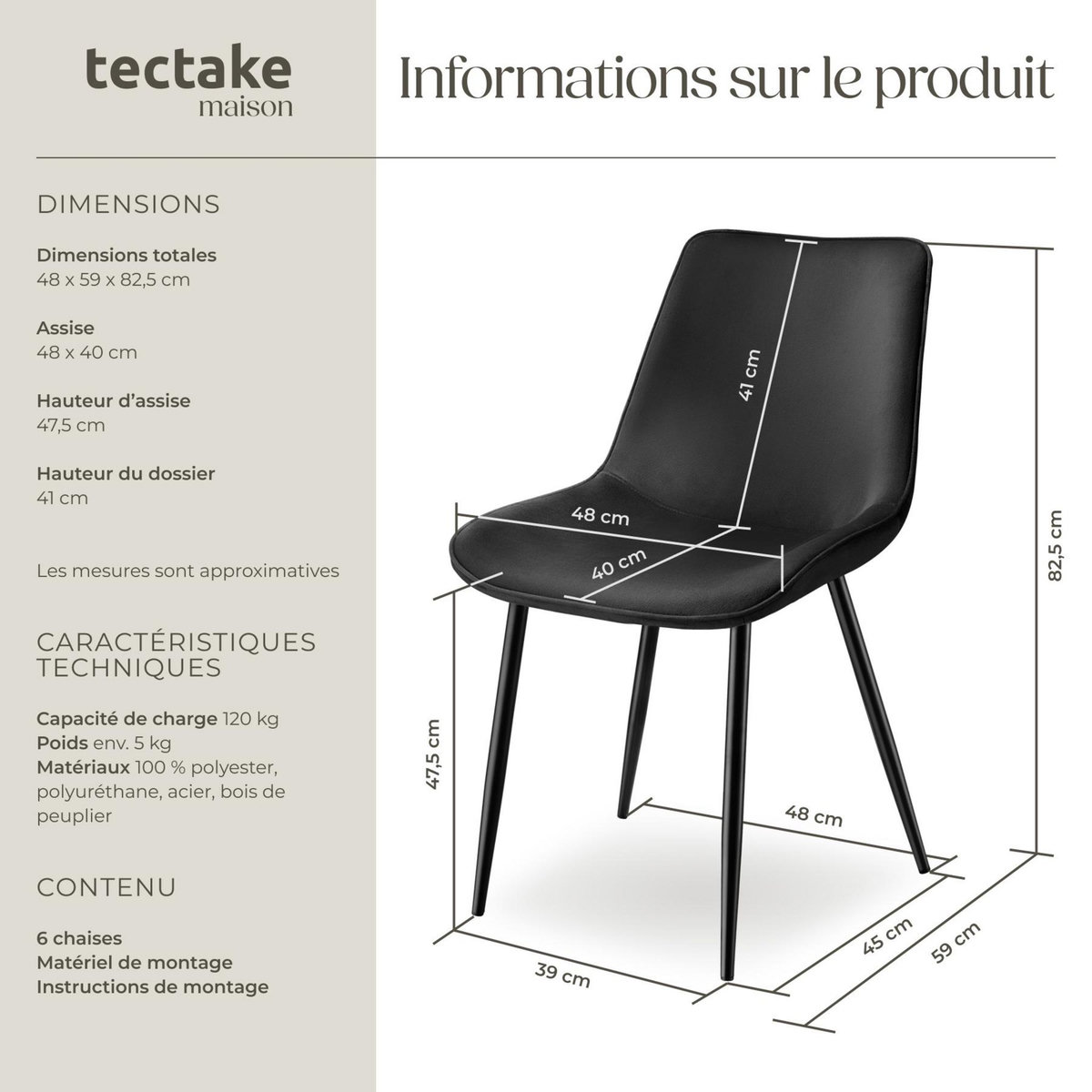 tectake Lot de chaises rembourrées aspect velours noir Lot de 6