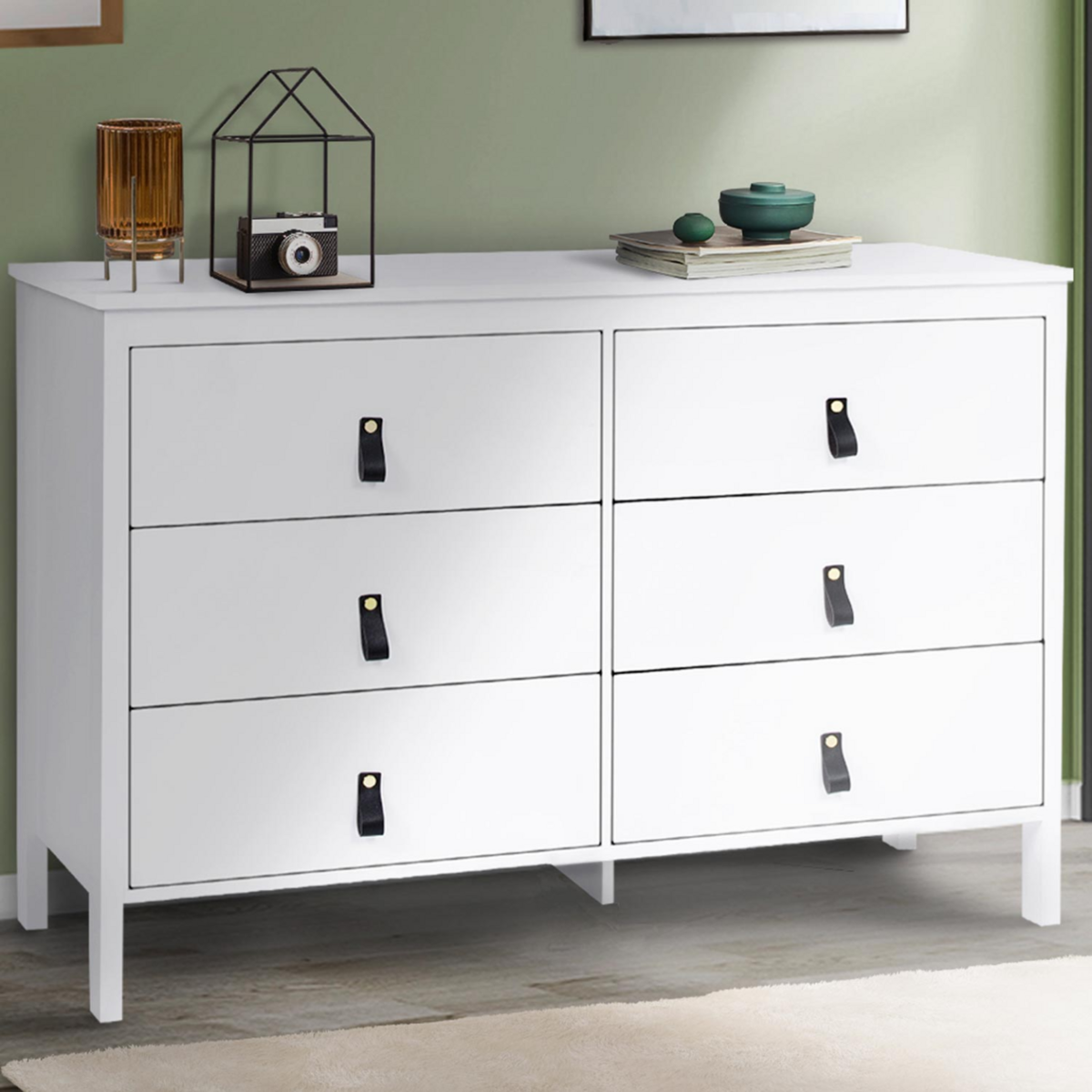 ID MARKET Commode 6 tiroirs MILANO 115 cm bois blanc avec poignée languette noire