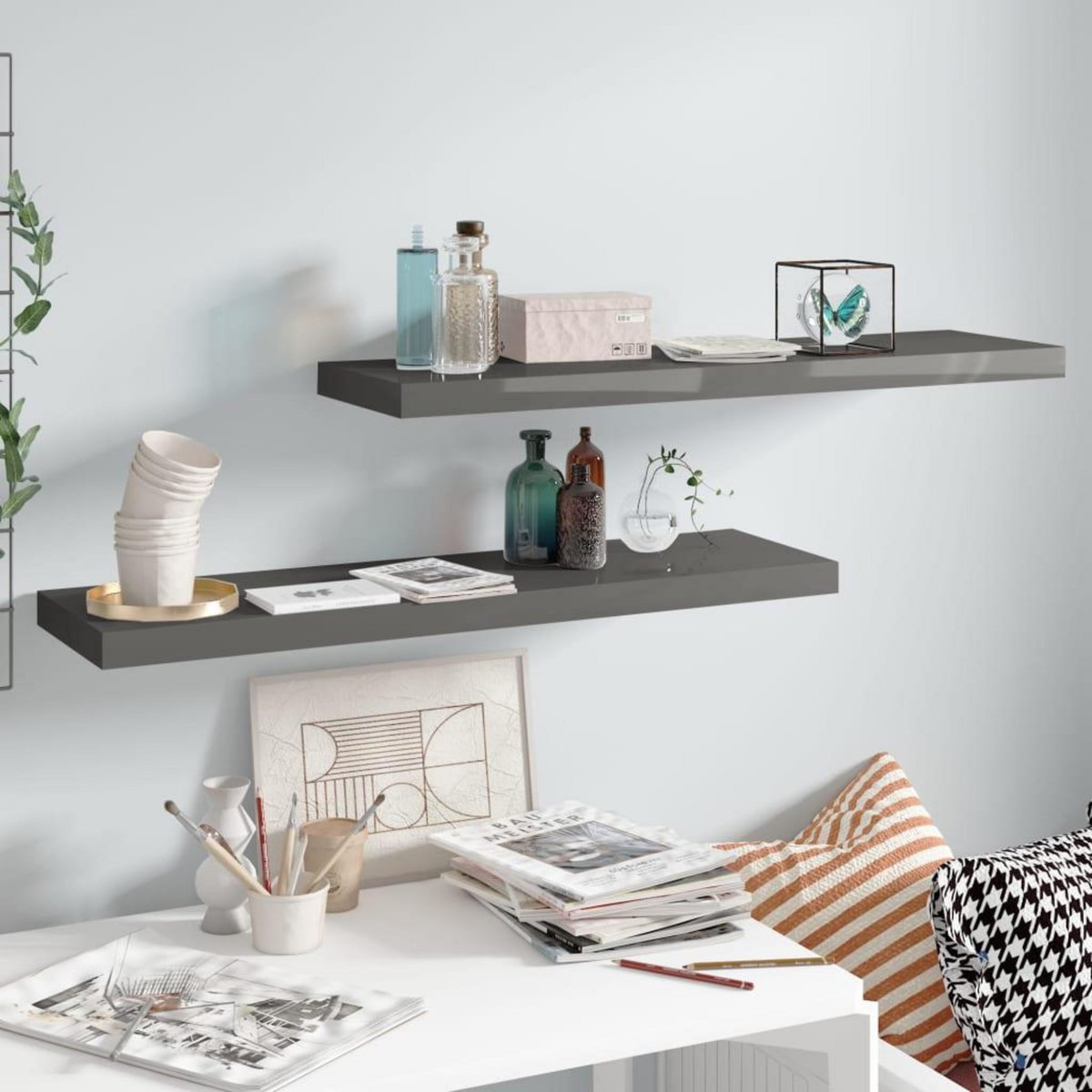 VIDAXL Etagere murale flottante 2 pcs Gris brillant 90x23,5x3,8 cm MDF