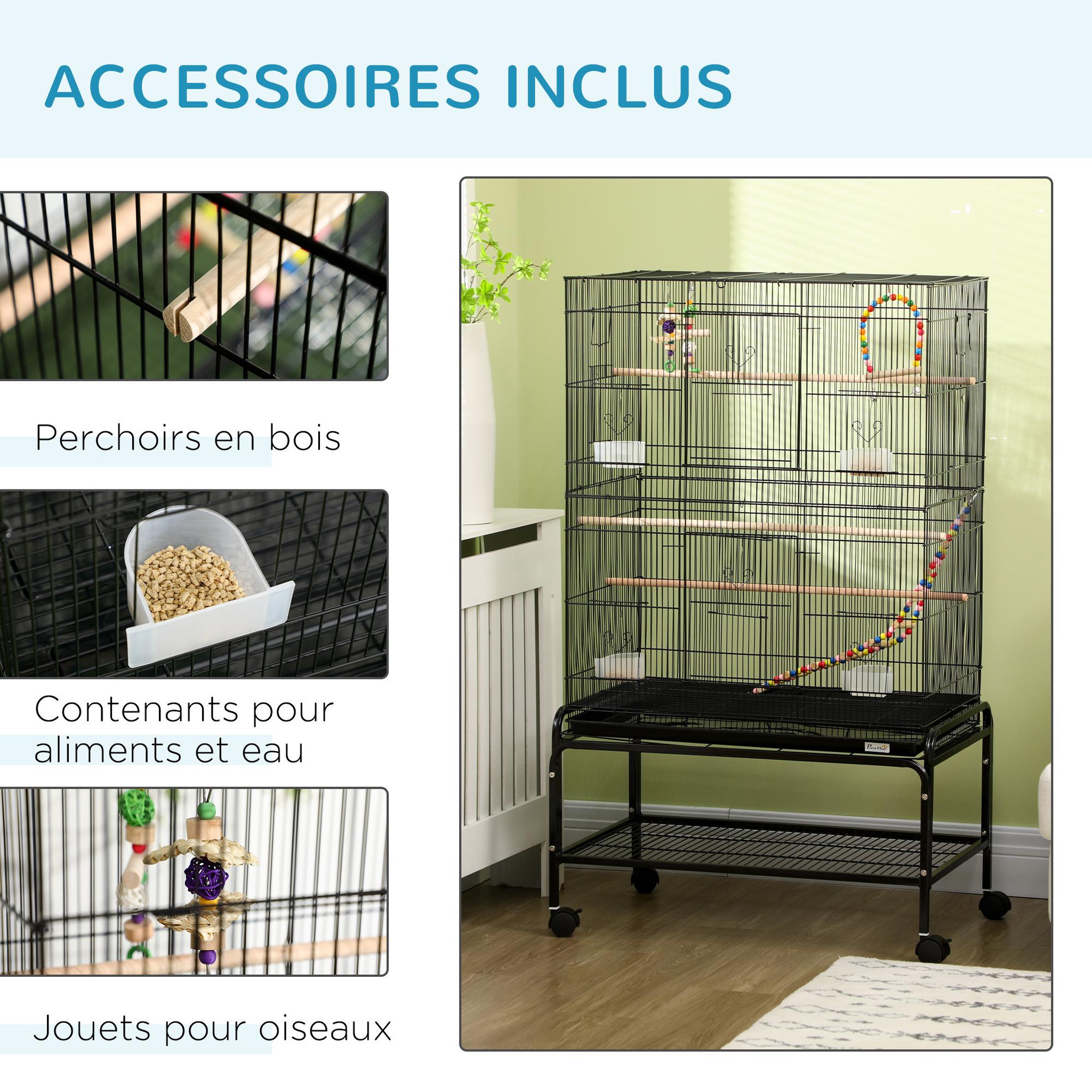 Voir la diapositive 5 : PAWHUT Cage à oiseaux sur roulettes - étagère, plateau déjection, 3 perchoirs, 4 mangeoirs, 2 portes, 8 trappes, accessoires - acier noir
