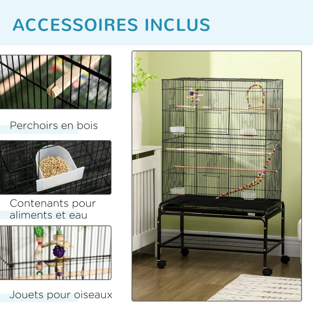 PAWHUT Cage à oiseaux sur roulettes - étagère, plateau déjection, 3 perchoirs, 4 mangeoirs, 2 portes, 8 trappes, accessoires - acier noir