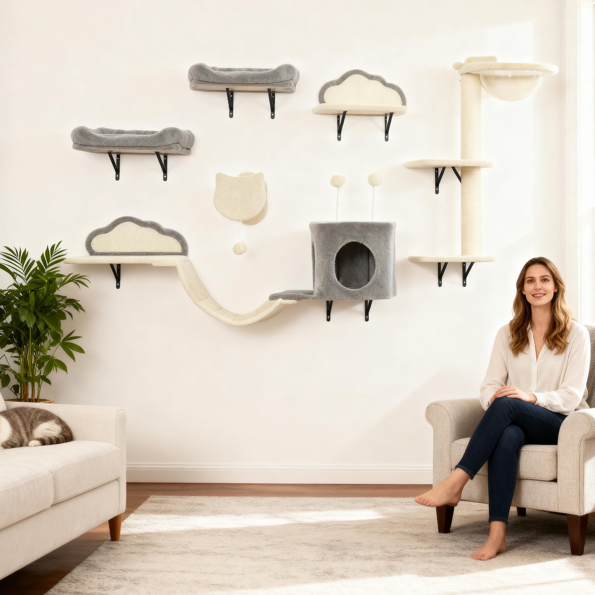 Voir la diapositive 2 : PAWHUT Arbre à chat design mural - parcours mural en bois pour chat 6 pièces variées - crème gris