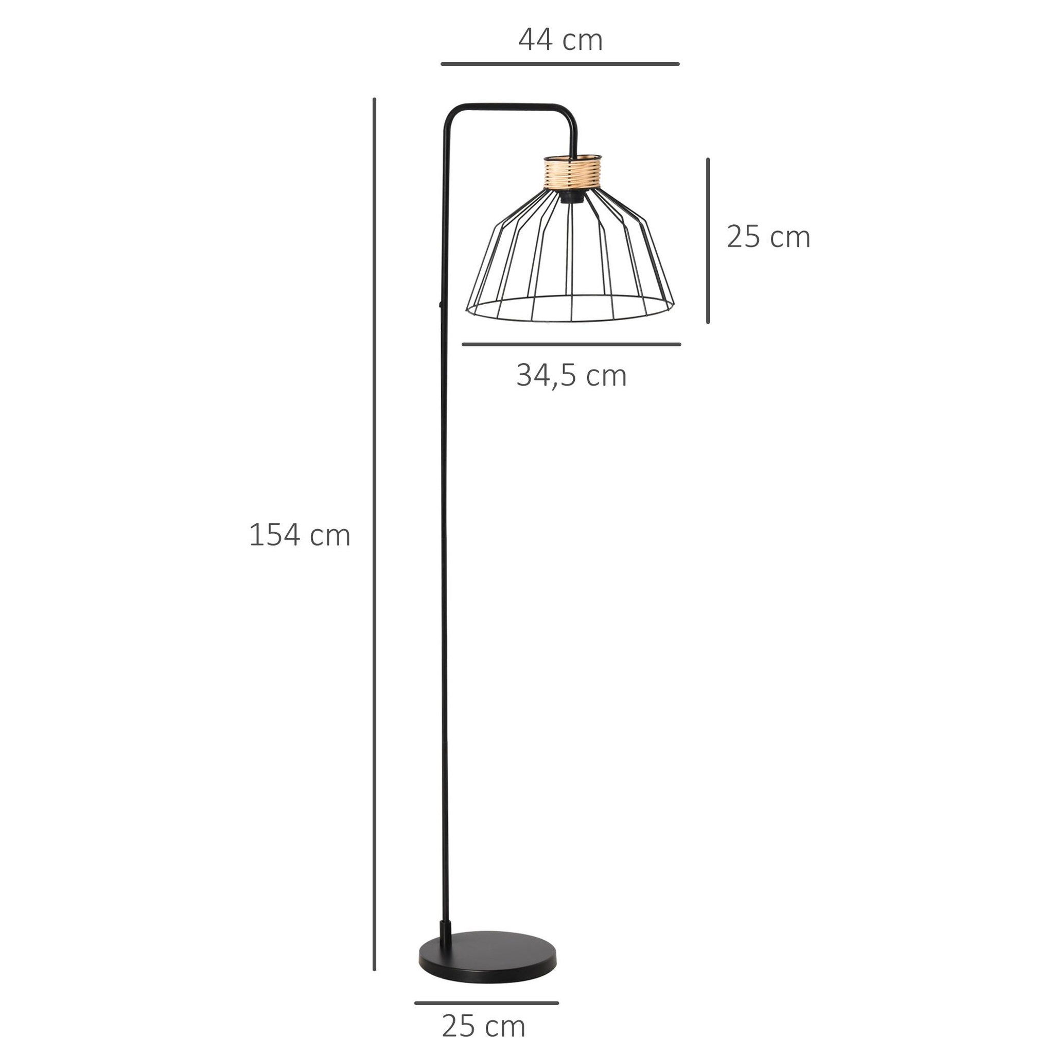 Voir la diapositive 3 : HOMCOM Lampadaire design industriel grillagé et arqué 40 w max. Métal noir rotin