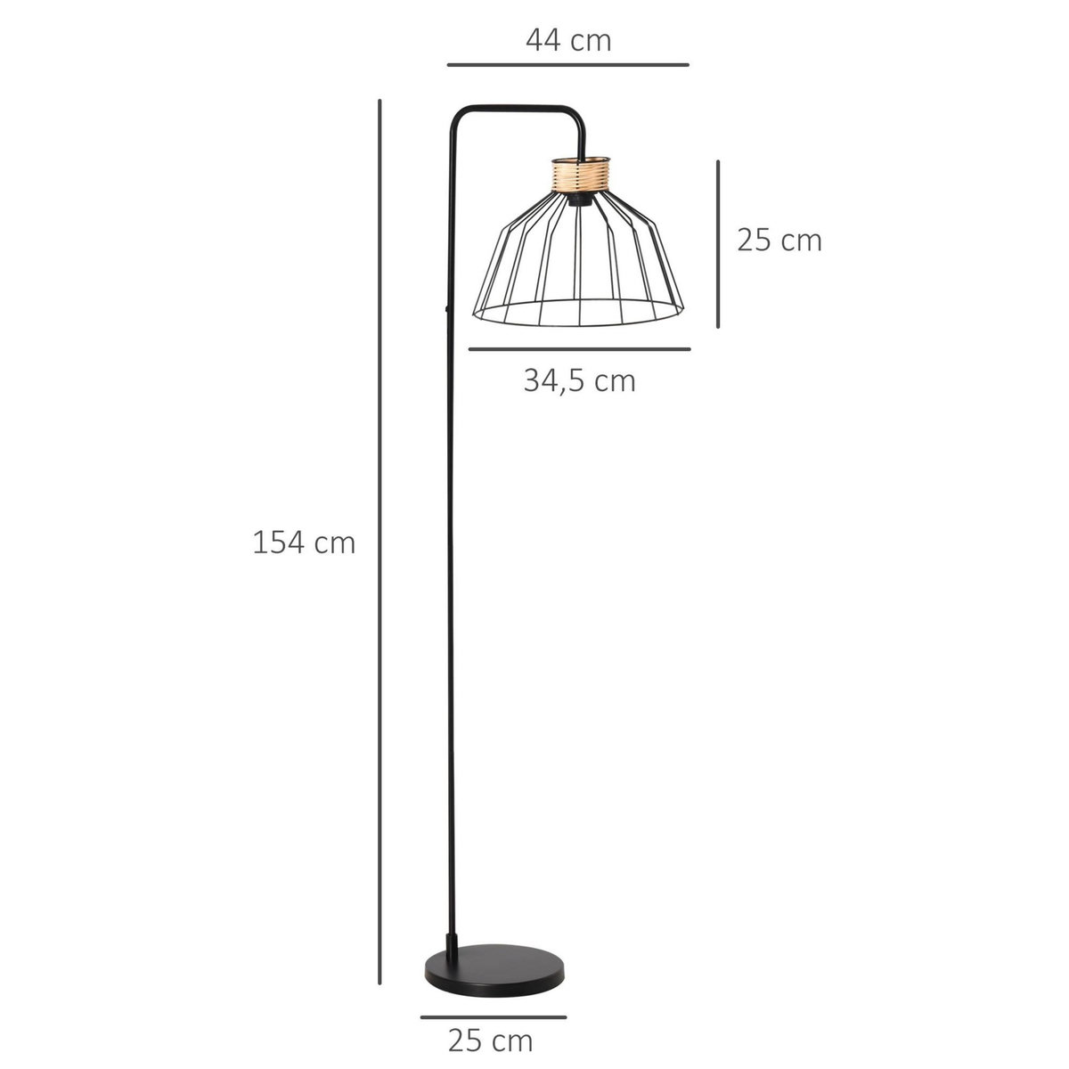 HOMCOM Lampadaire design industriel grillagé et arqué 40 W max. métal noir rotin