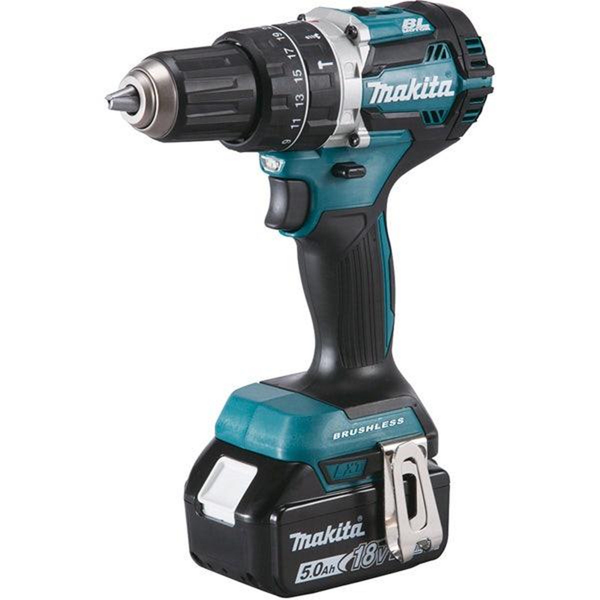 MAKITA Perceuse-visseuse à percussion li-ion 18v 5ah ø13mm + 2 batteries 5ah + chargeur rapide + crochet ceinture + embout + makpac