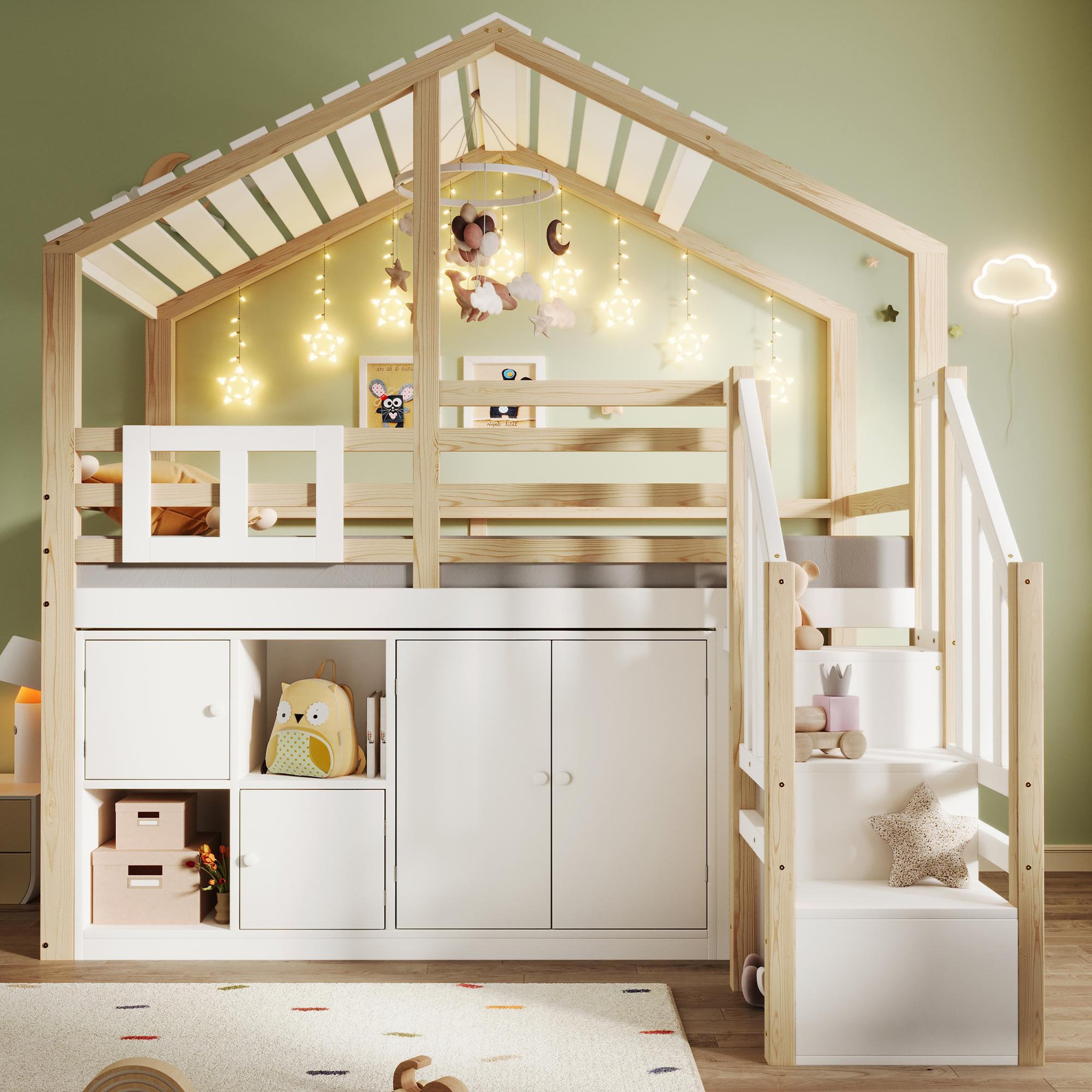 Voir la diapositive 2 : MERAX Lit combiné enfant 90x200 cm coloris blanc+natutel pin