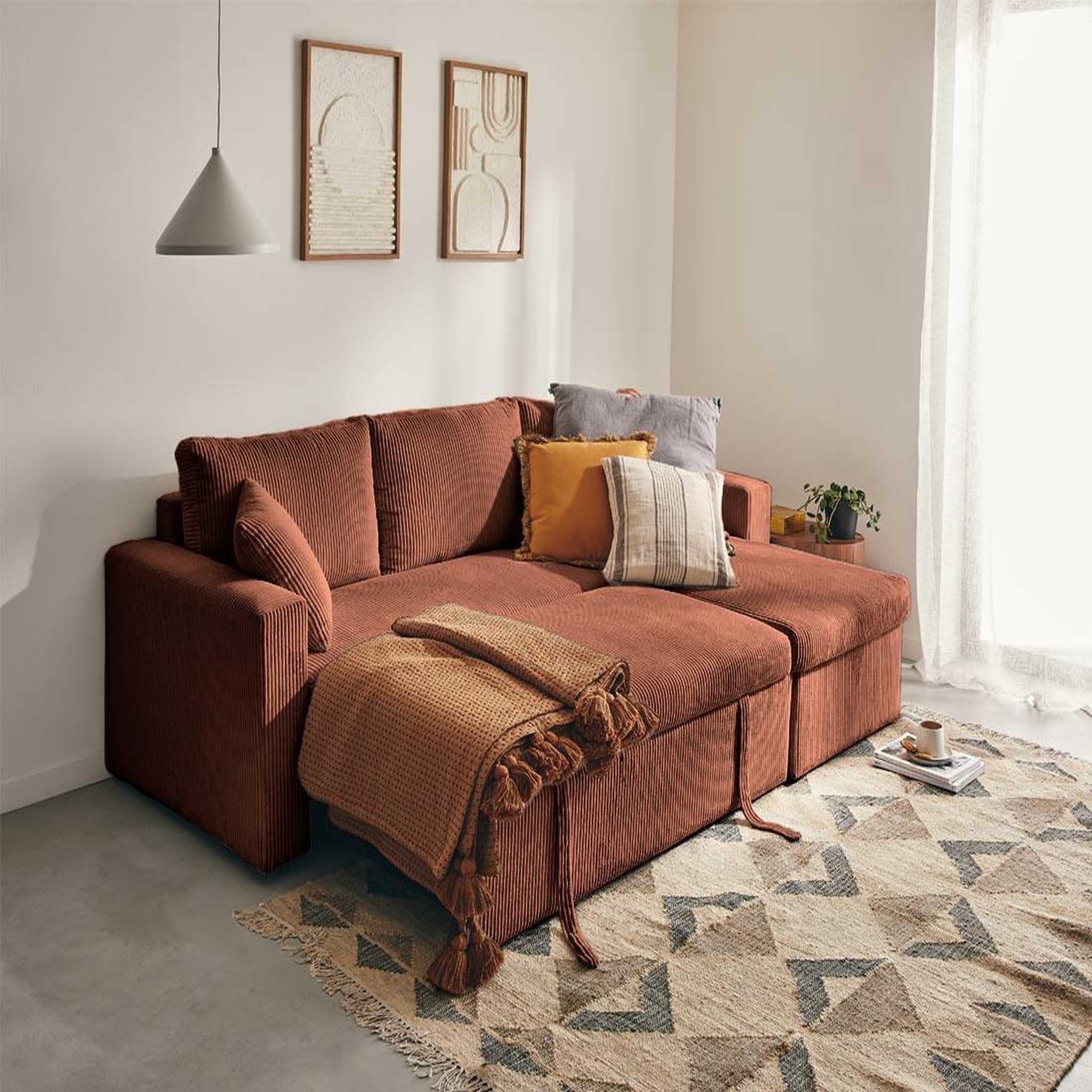 Voir la diapositive 3 : BEST MOBILIER Cyrus - canapé d'angle réversible 4 places - convertible avec coffre - en velours côtelé