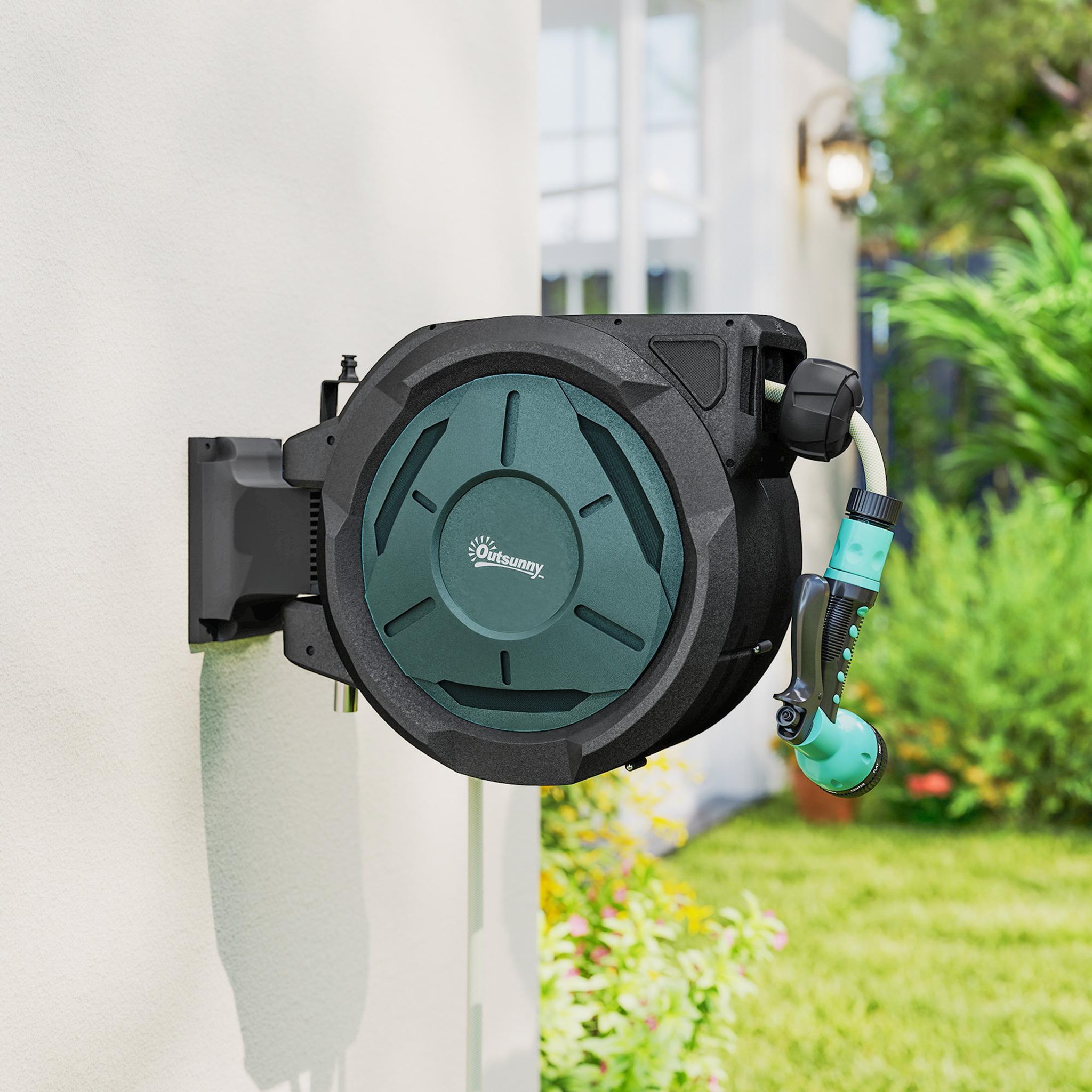 Voir la diapositive 2 : OUTSUNNY Dévidoir mural enrouleur automatique pivotant 180° tuyau 25+2m avec pistolet arrosage support mural intégré vert noir