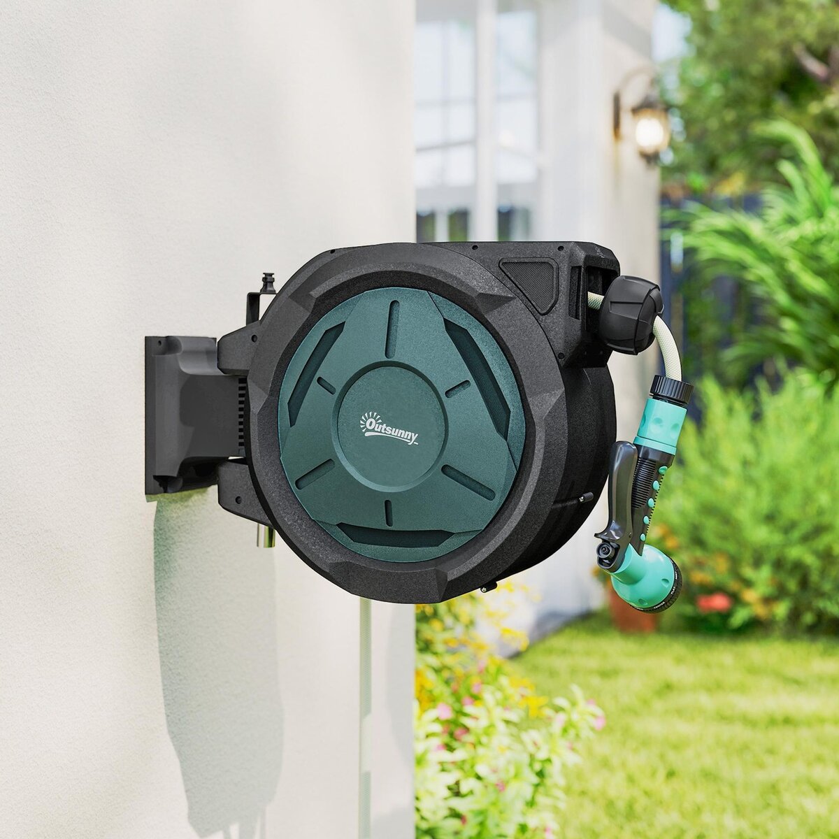 OUTSUNNY Dévidoir mural enrouleur automatique pivotant 180° tuyau 25+2m avec pistolet arrosage support mural intégré vert noir