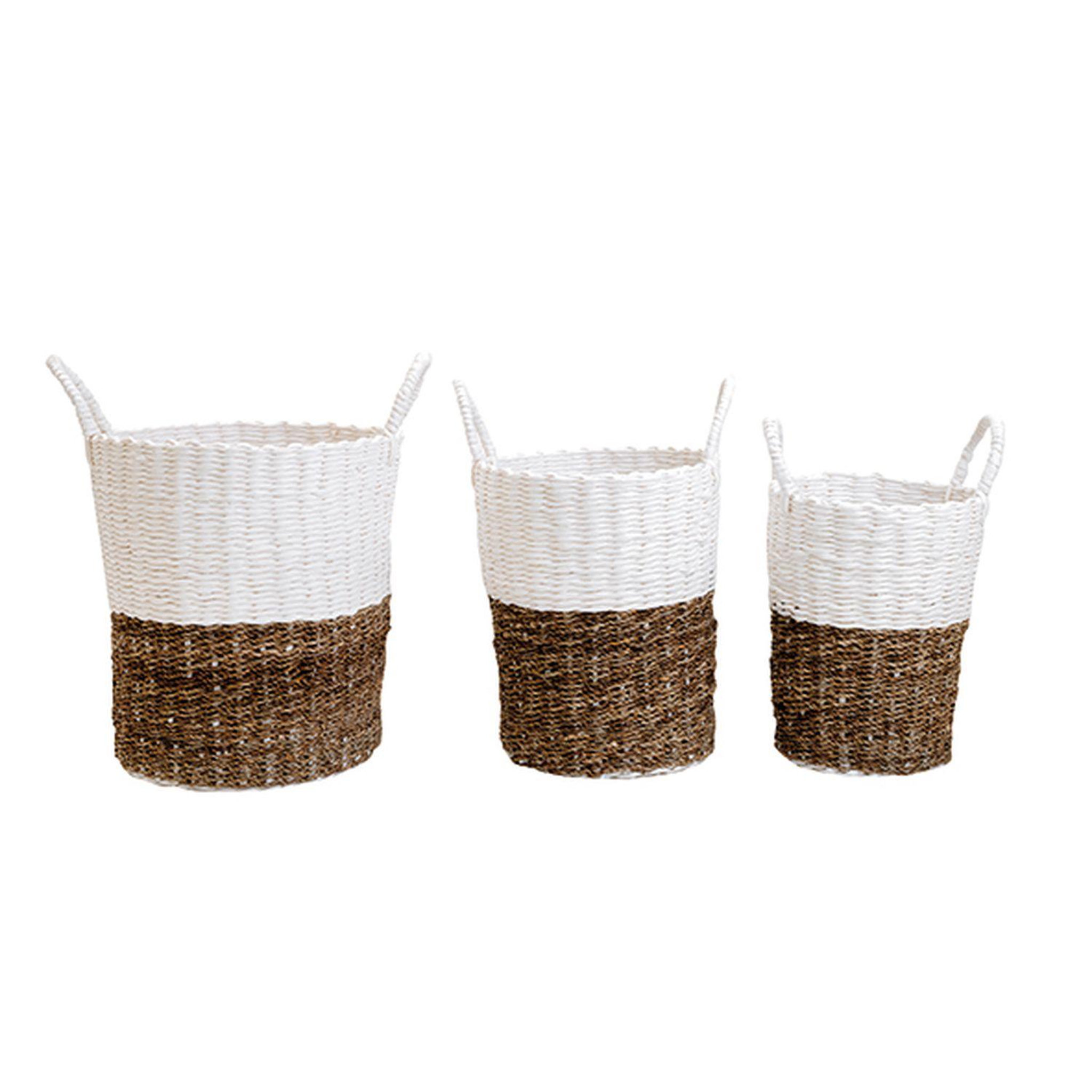 Voir la diapositive 2 : KB8 Lot de 3 paniers bicolores en jonc et papier tressés - beige et blanc
