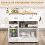 Voir la diapositive 4 : HOMCOM Îlot de cuisine desserte à roulettes - 2 tiroirs, 3 portes, porte-serviette, porte-épices - dim. 110L x 45l x 91H cm - blanc bois